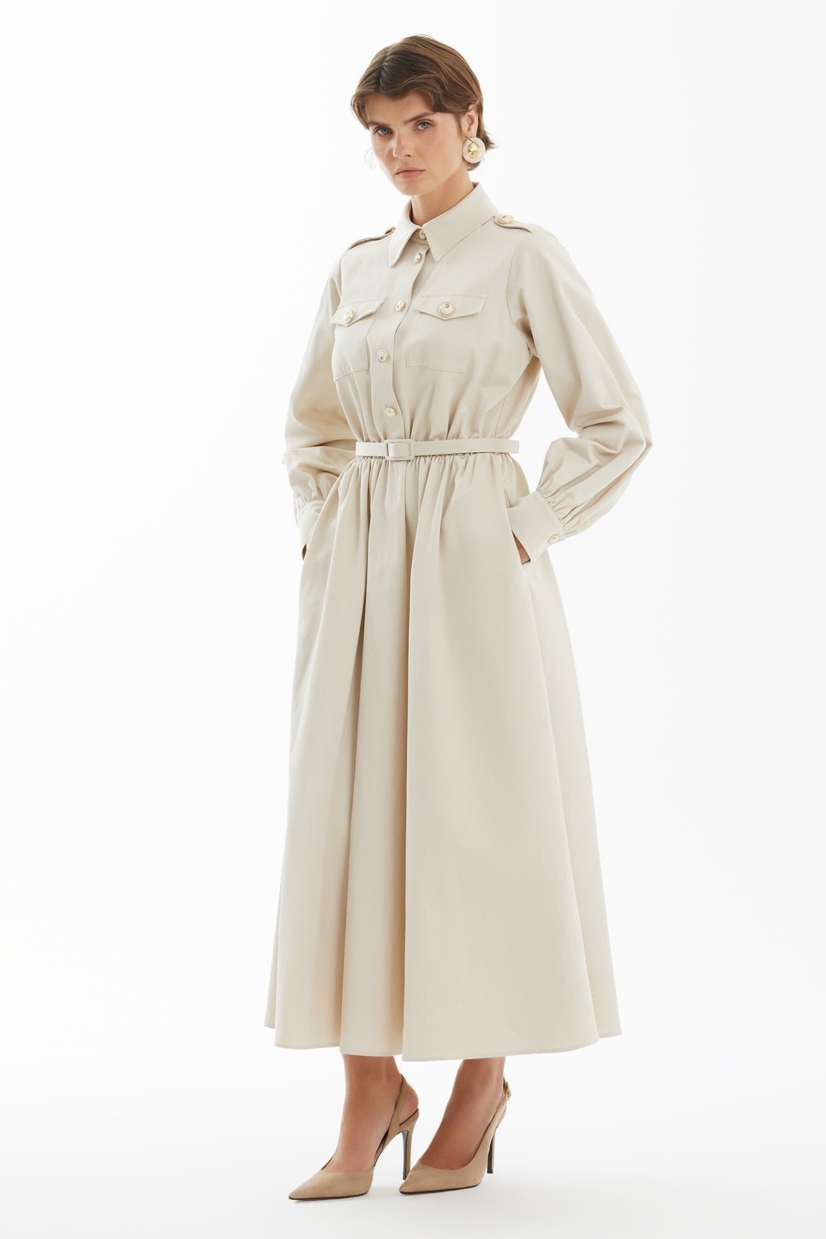 Ecru Belted Long Shirt Dress