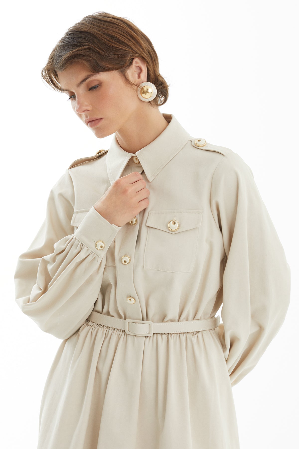 Ecru Belted Long Shirt Dress
