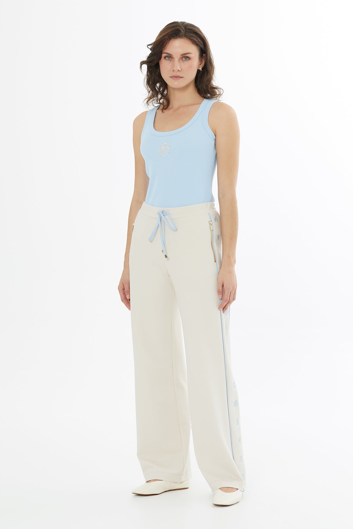 Beige Side Embroidered Detail Sweatpants