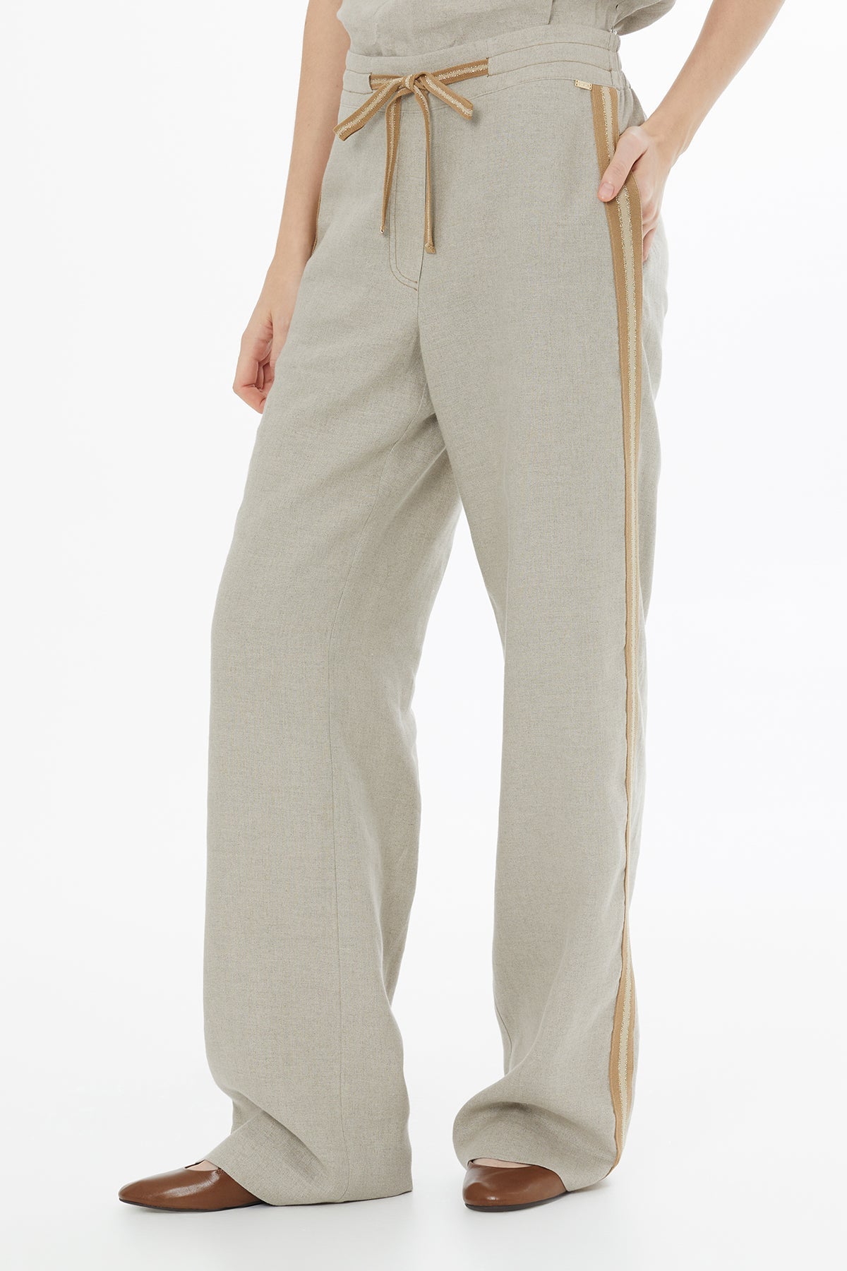 Beige Tie Detail Linen Trousers