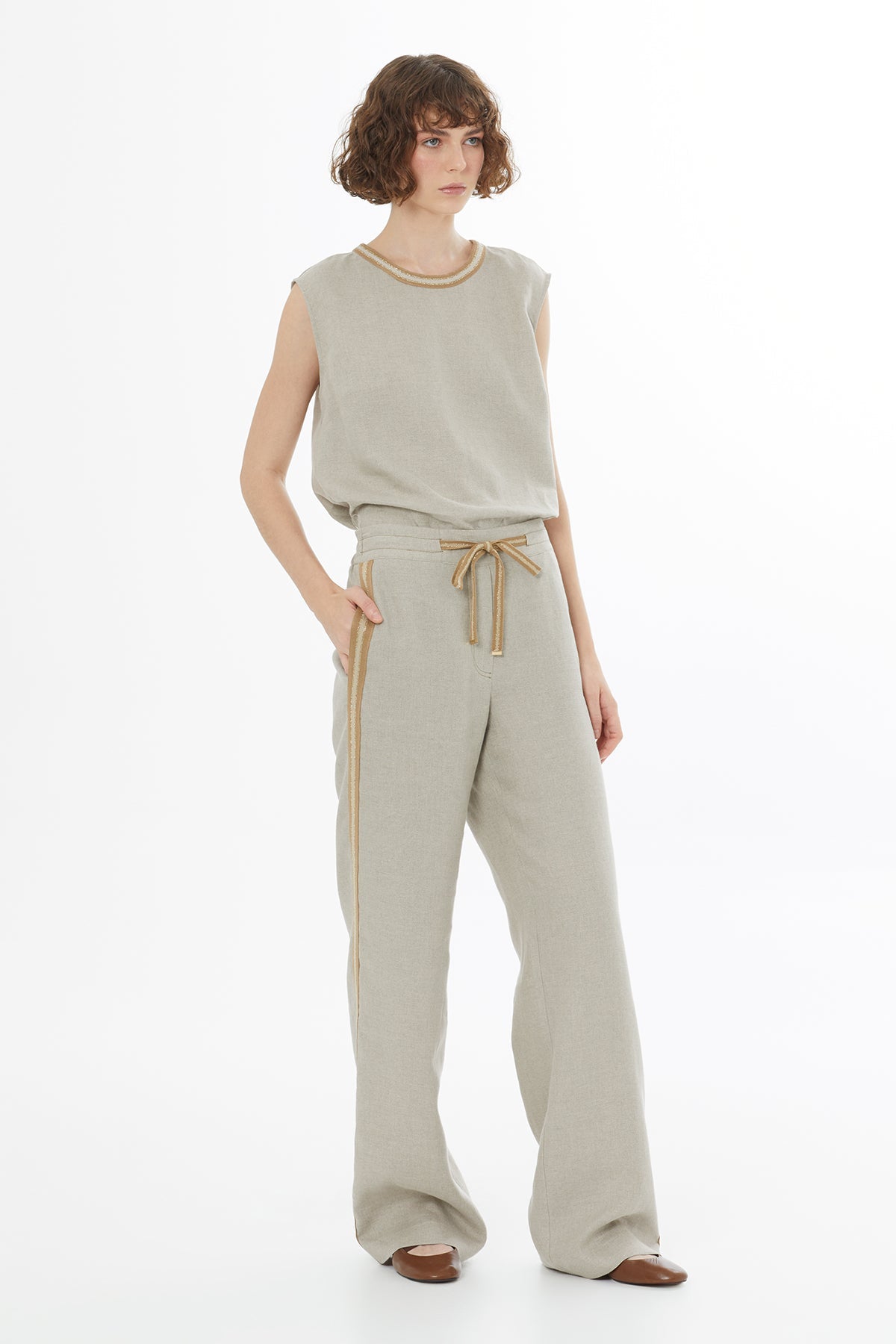 Beige Tie Detail Linen Trousers