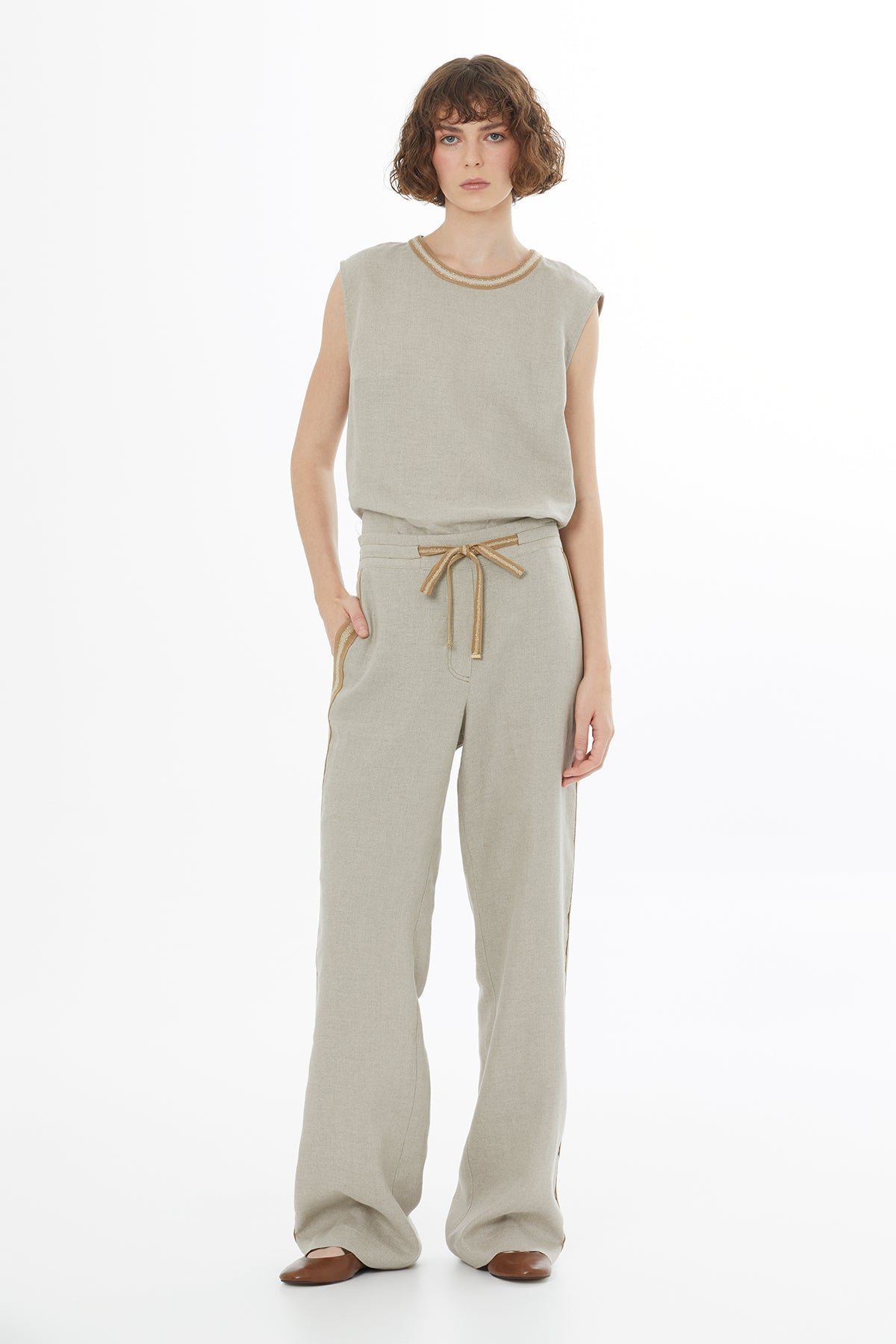 Beige Tie Detail Linen Trousers