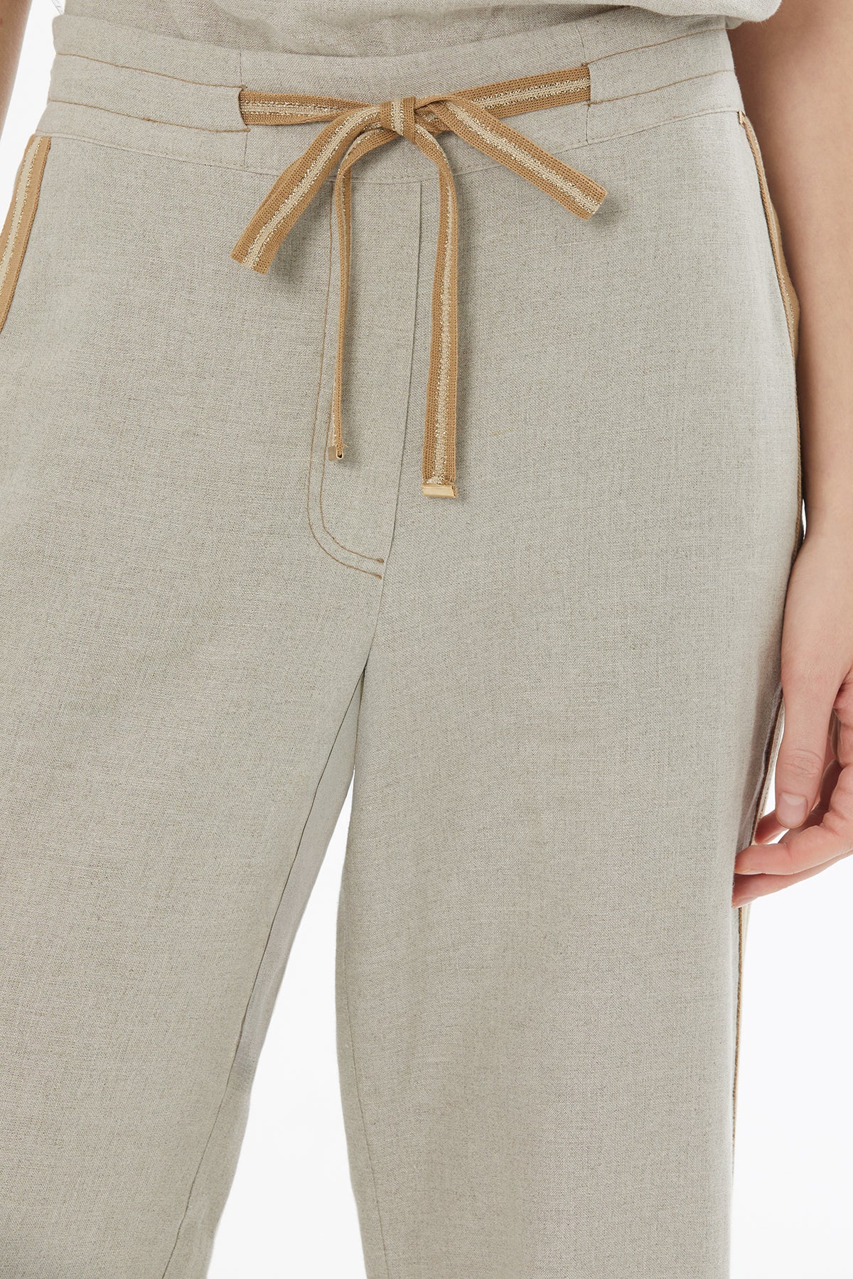 Beige Tie Detail Linen Trousers