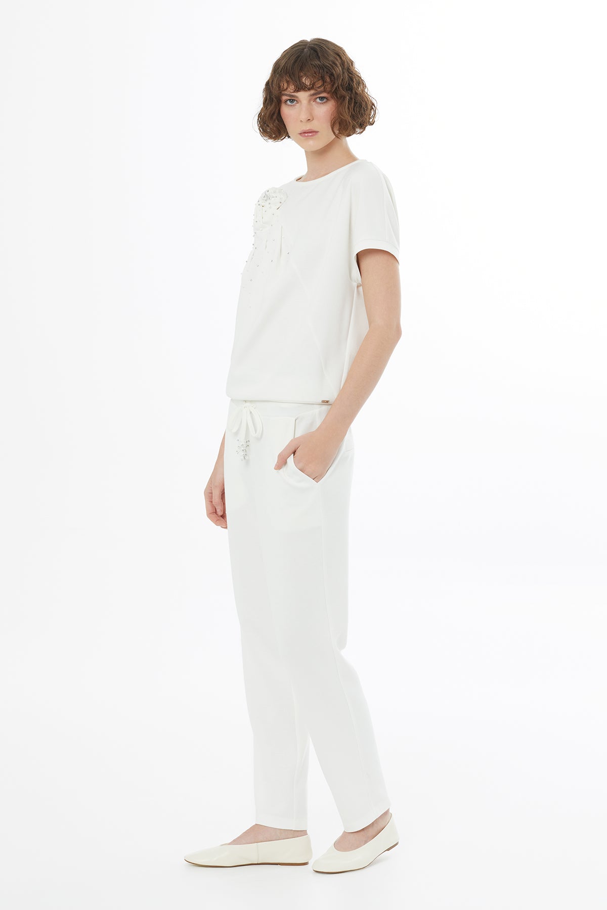 Ecru Tie Detail Straight-Leg Sweatpants