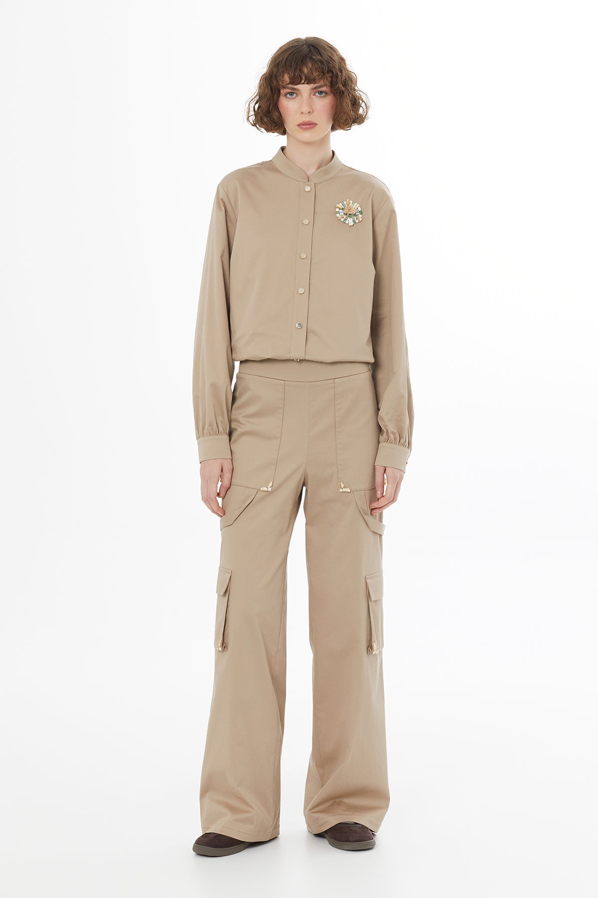 Beige Elasticated Waist Pocketed Pants