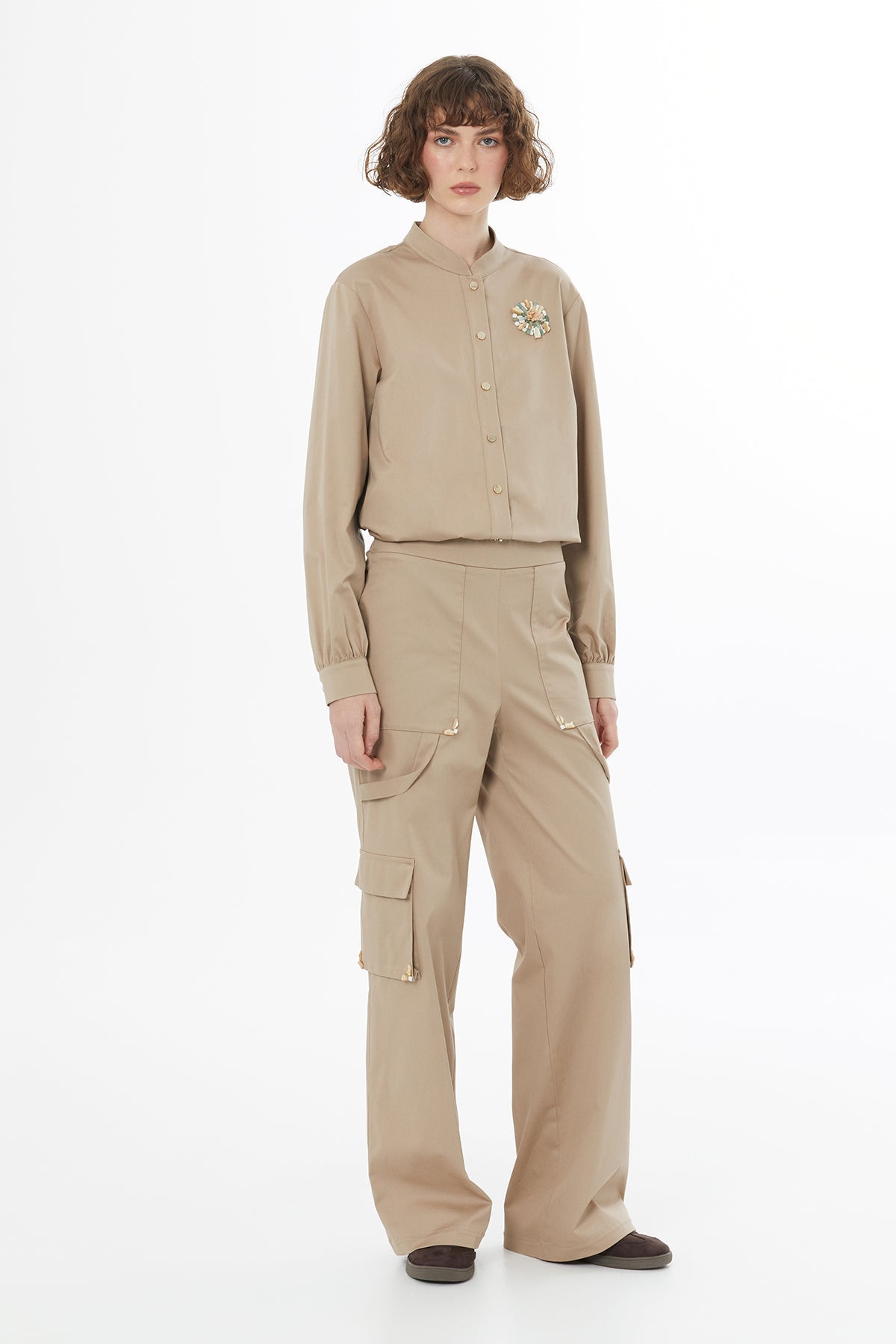 Beige Elasticated Waist Pocketed Pants