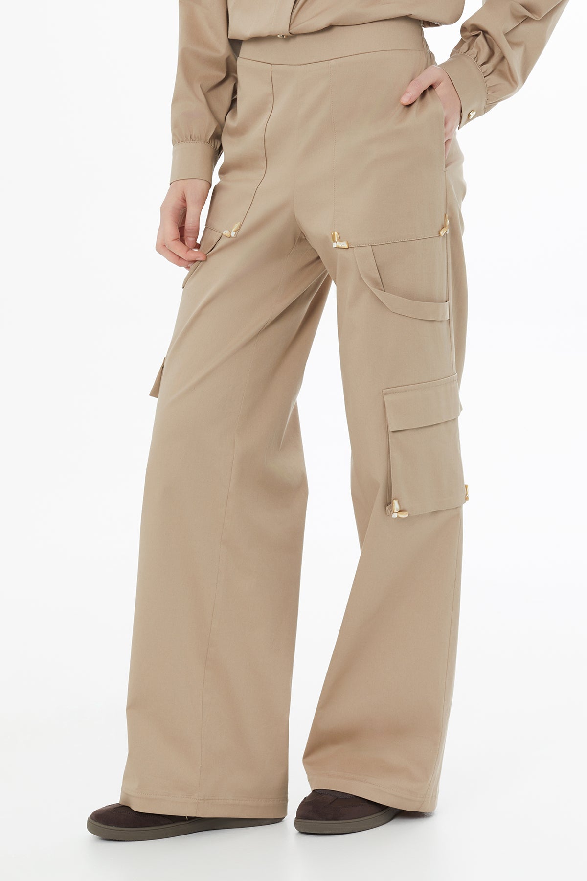 Beige Elasticated Waist Pocketed Pants