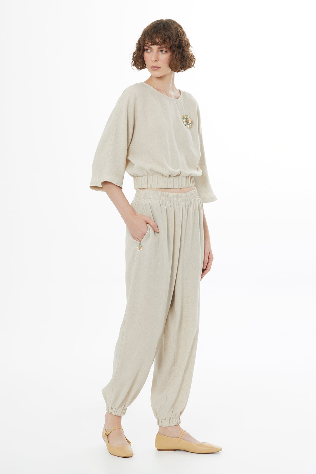 Beige Elasticated Waist Harem Trousers