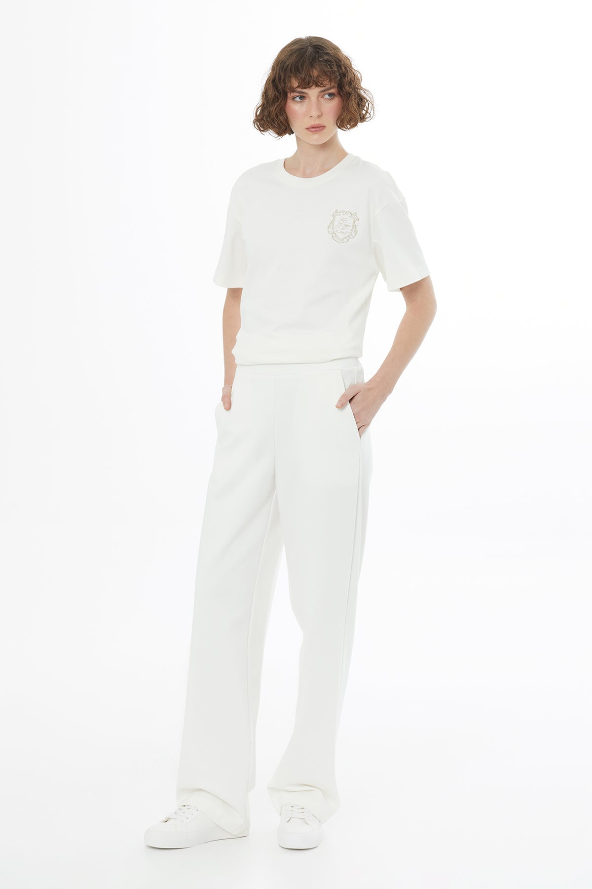 Ecru Embroidered Elastic Waist Sweatpants