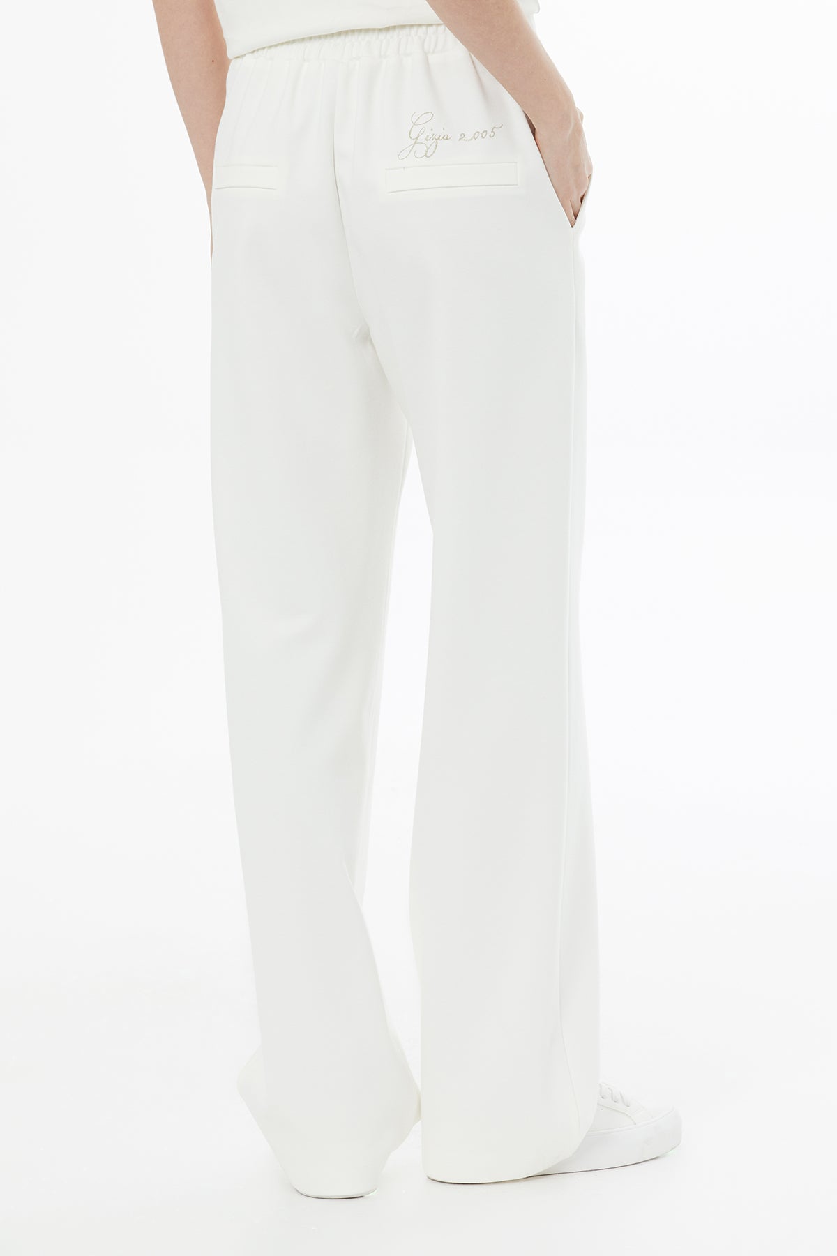Ecru Embroidered Elastic Waist Sweatpants