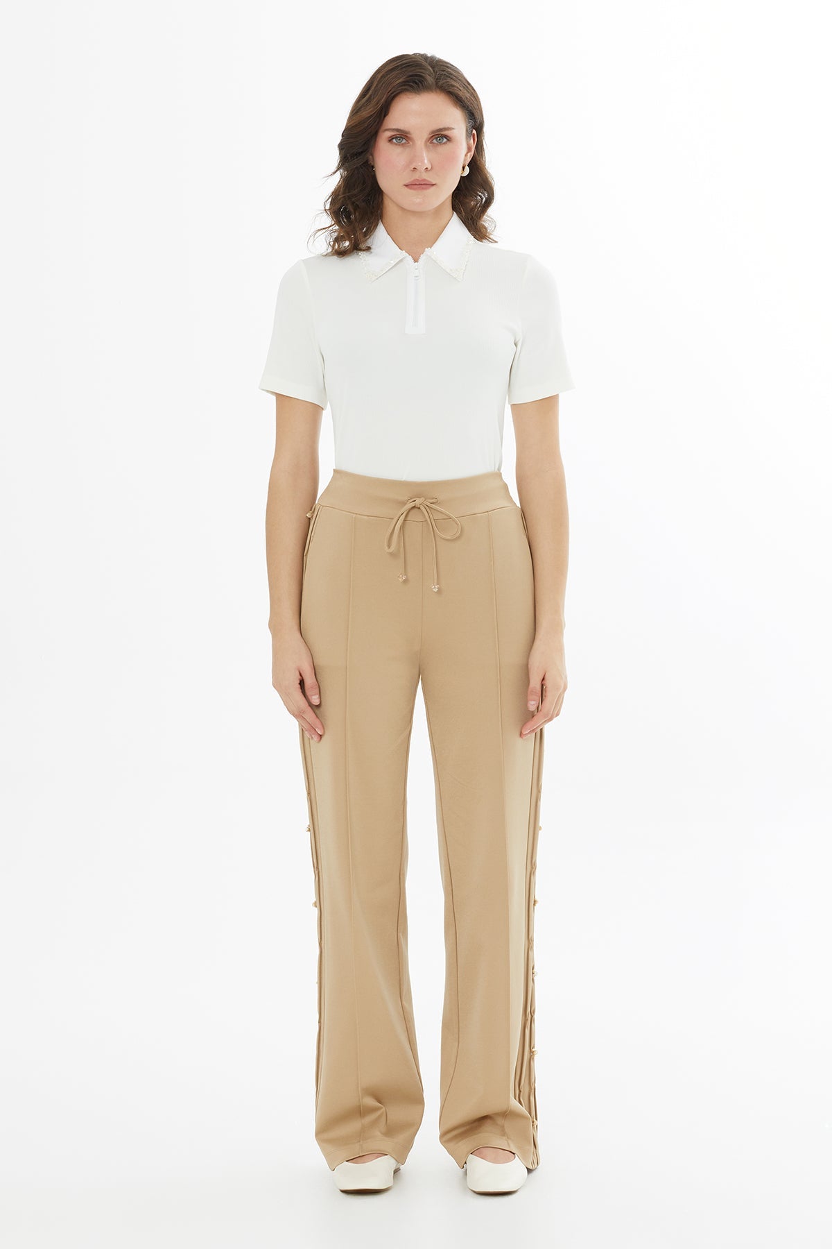 Beige Side Embroidered Tie-Waist Sweatpants