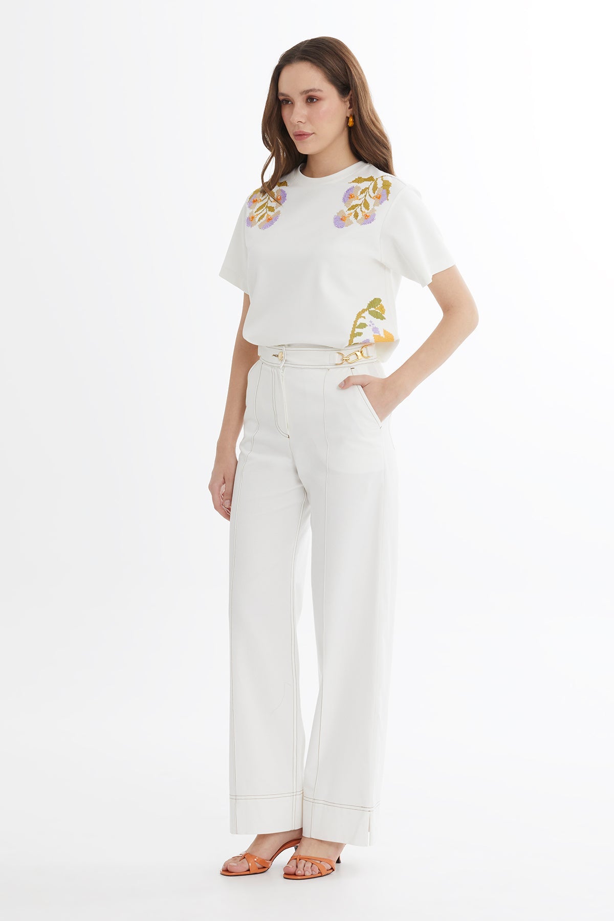 Ecru Gold Accessory Straight-Leg Trousers