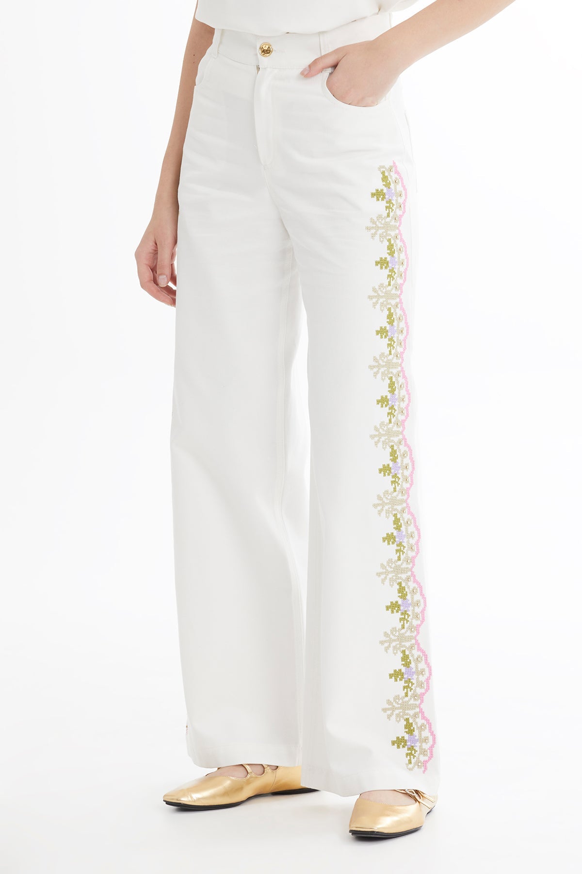 Ecru Embroidered Straight-Leg Trousers