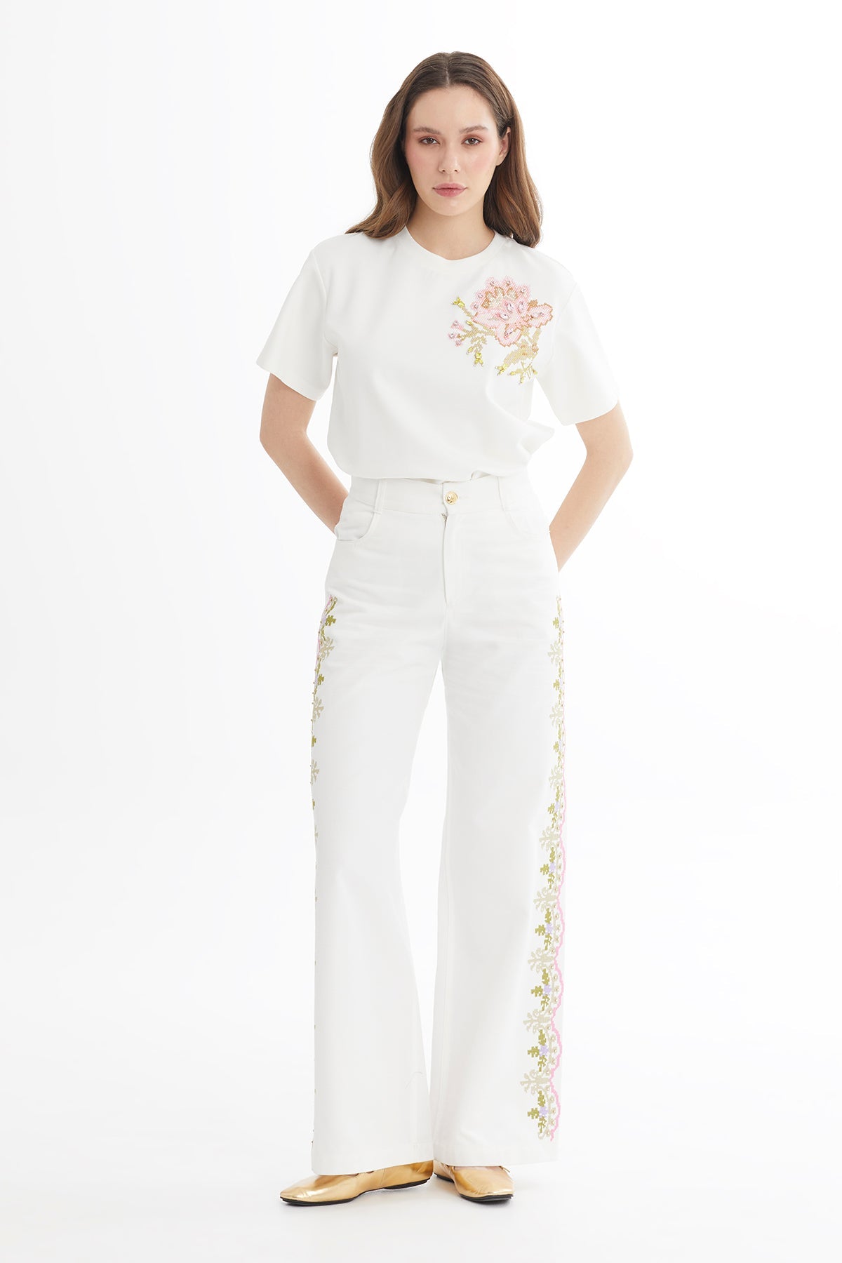Ecru Embroidered Straight-Leg Trousers