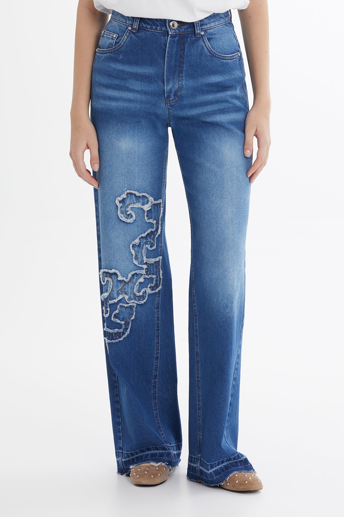 Blue Asymmetric Embroidered Denim