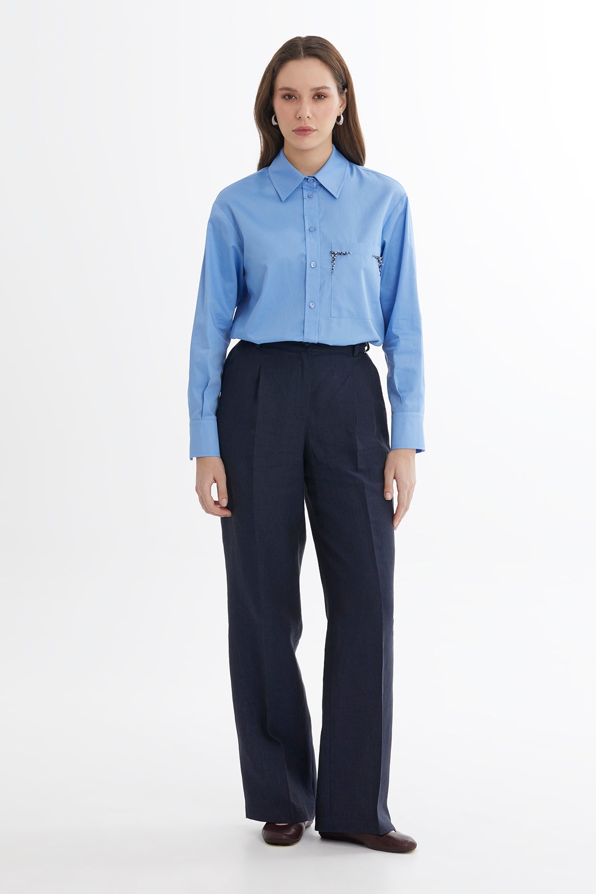 Dark Navy Wide-Leg Linen Trousers