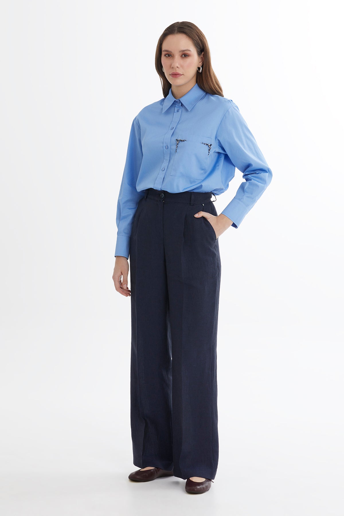 Dark Navy Wide-Leg Linen Trousers