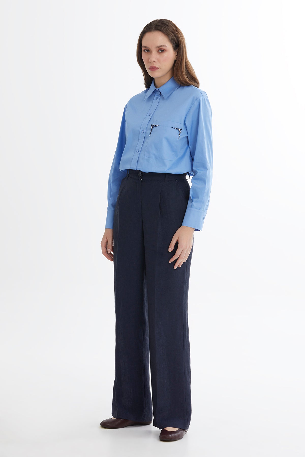 Dark Navy Wide-Leg Linen Trousers