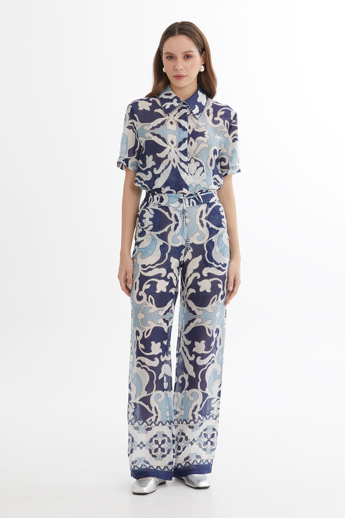 Embroidered Printed Wide-Leg Trousers