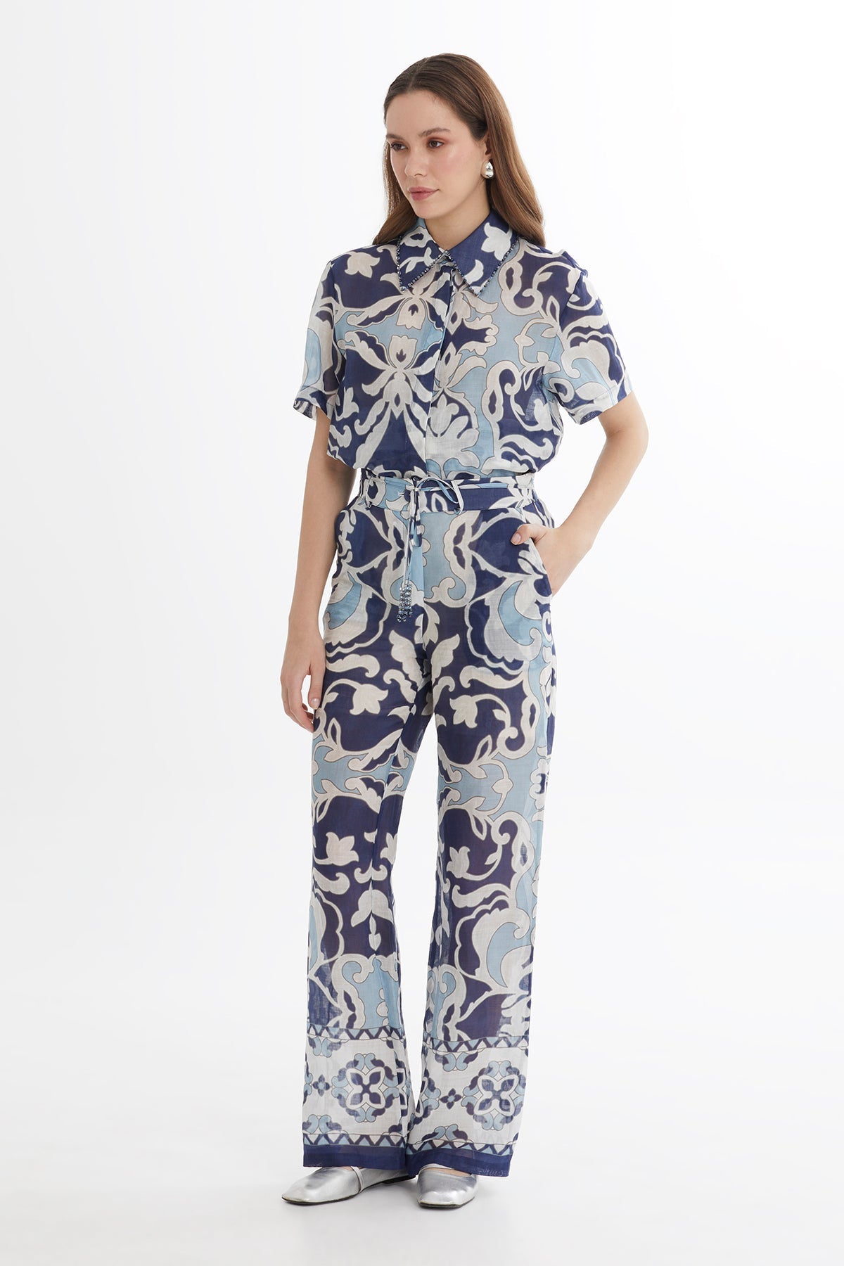 Embroidered Printed Wide-Leg Trousers