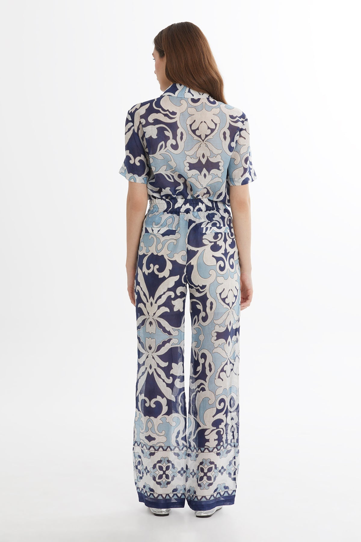 Embroidered Printed Wide-Leg Trousers