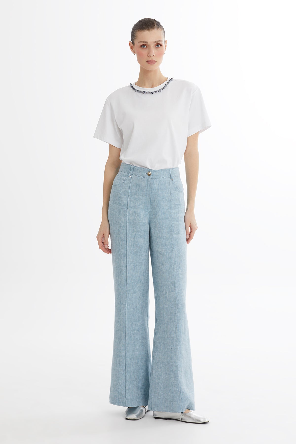 Blue Straight-Leg Linen Trousers