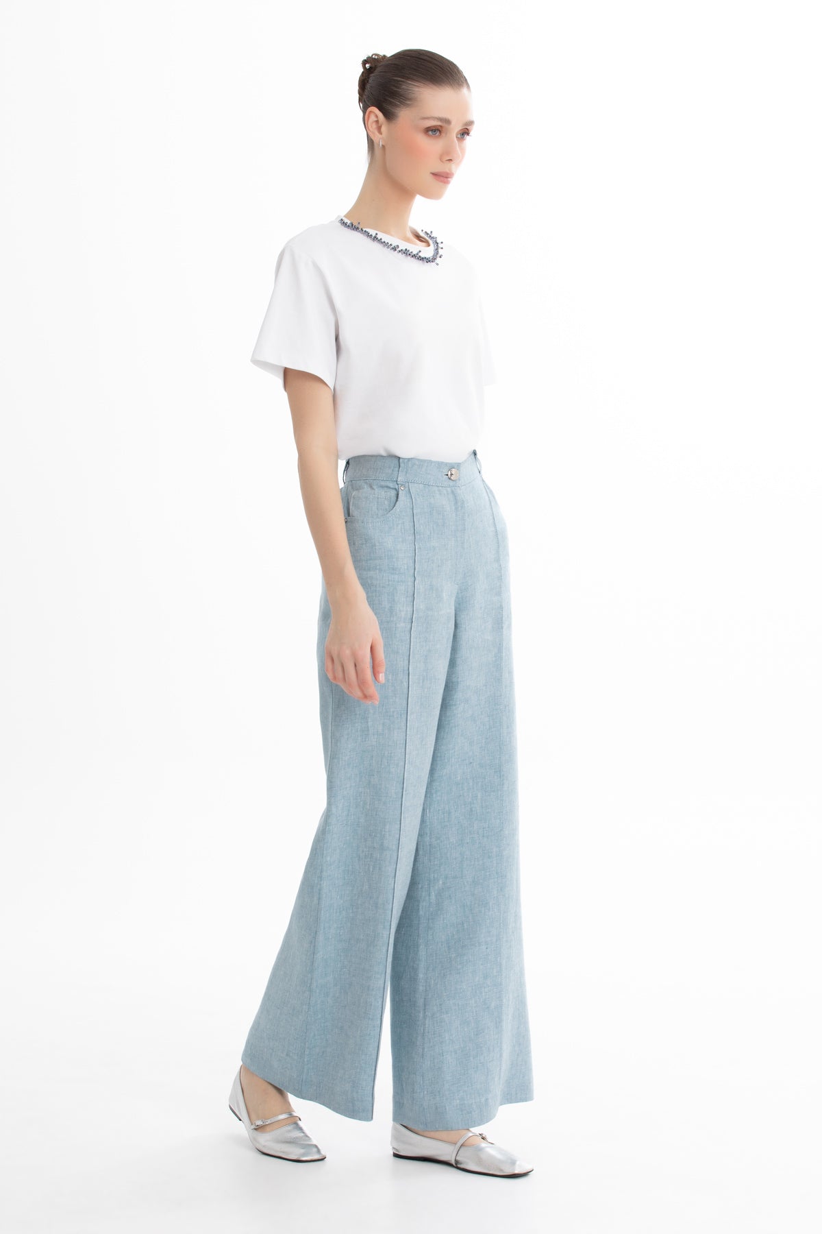 Blue Straight-Leg Linen Trousers