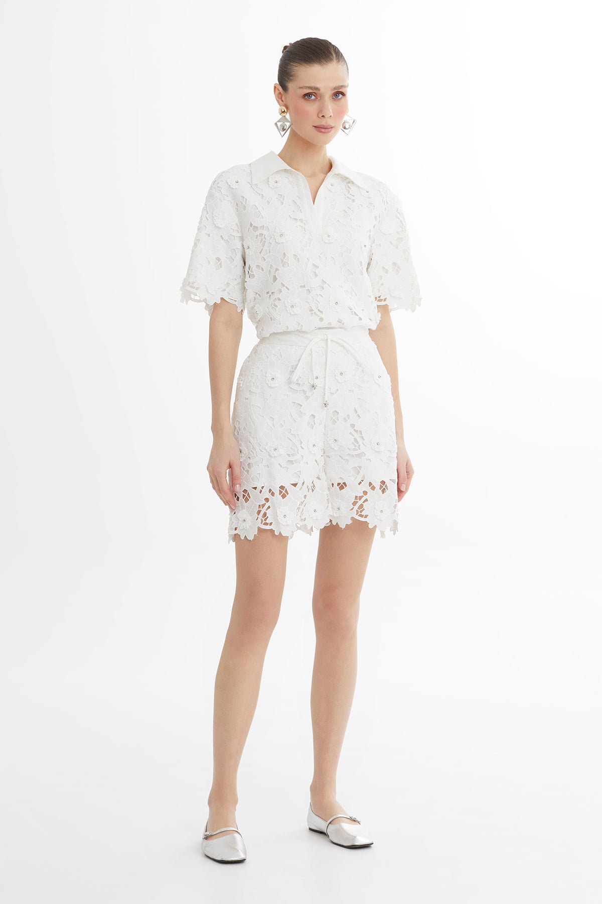 White Embroidered Printed Shorts