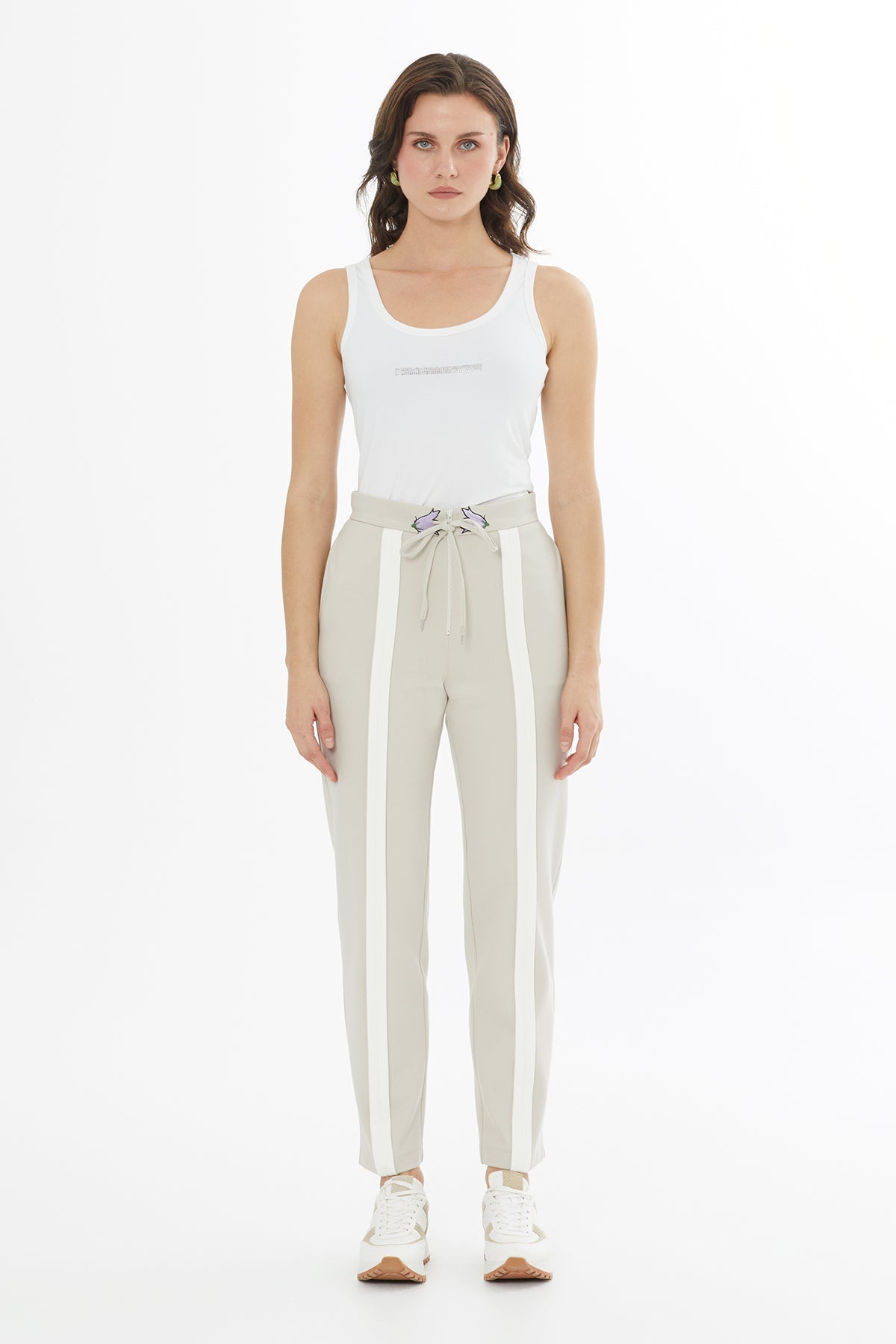 Beige Drawstring Embroidered Sweatpants