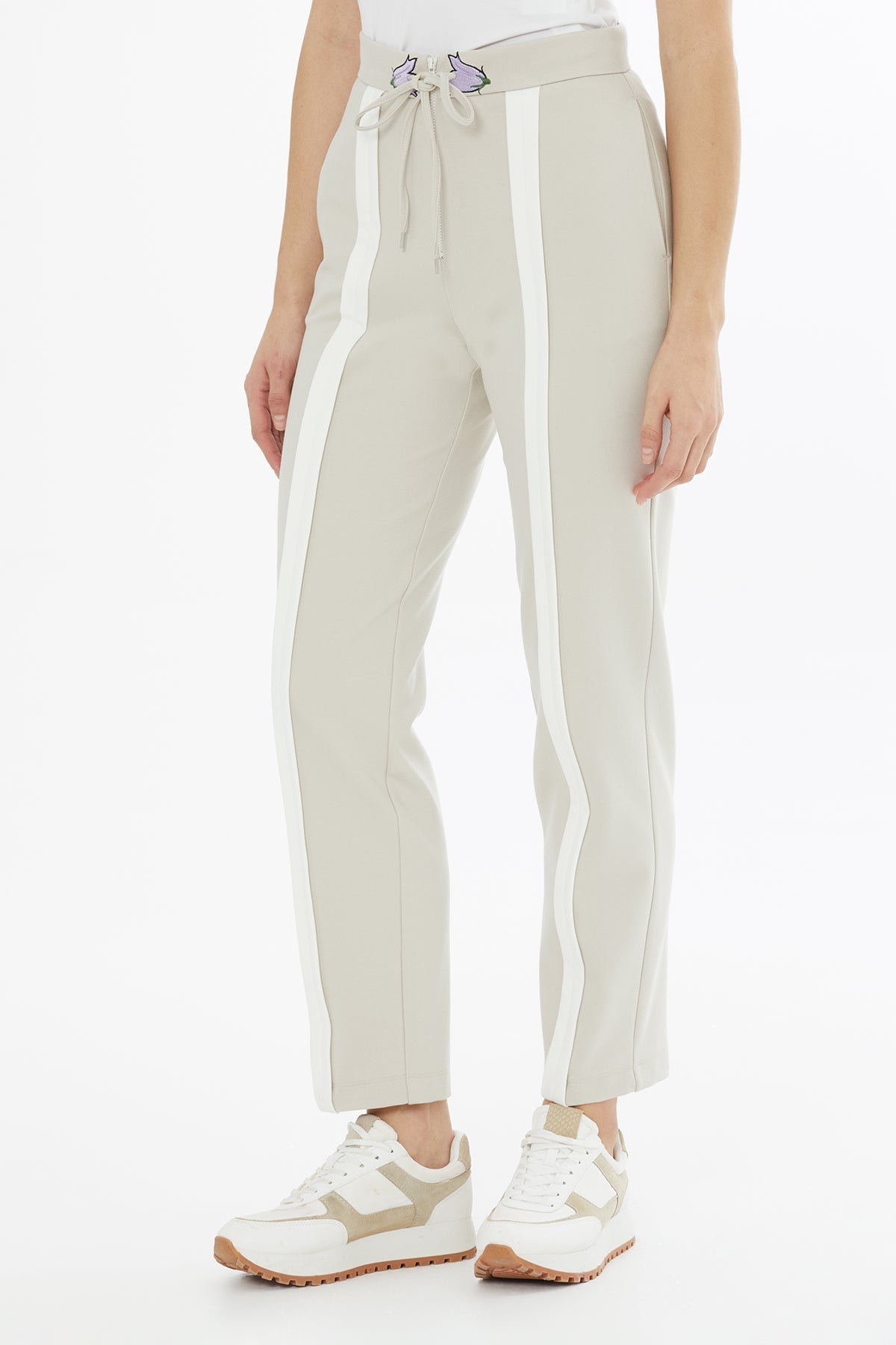 Beige Drawstring Embroidered Sweatpants