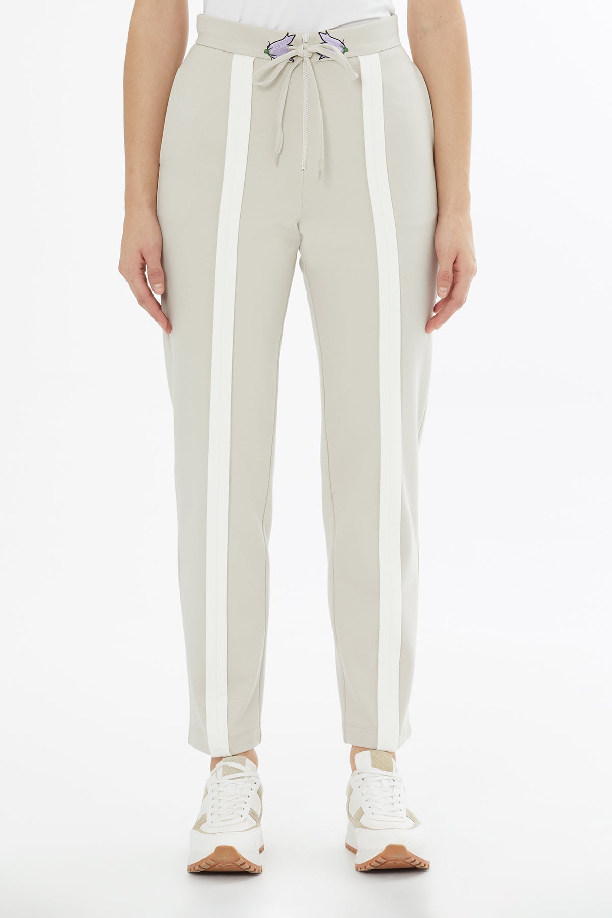 Beige Drawstring Embroidered Sweatpants