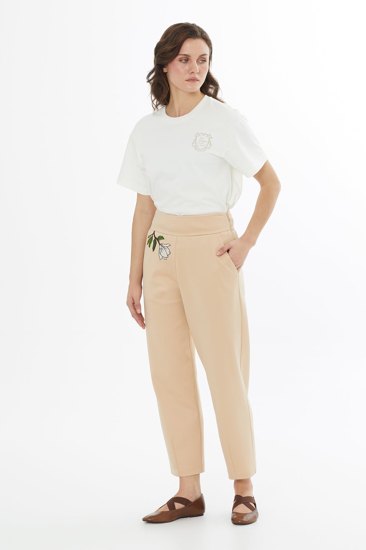 Beige Embroidered Pleat-Front Sweatpants