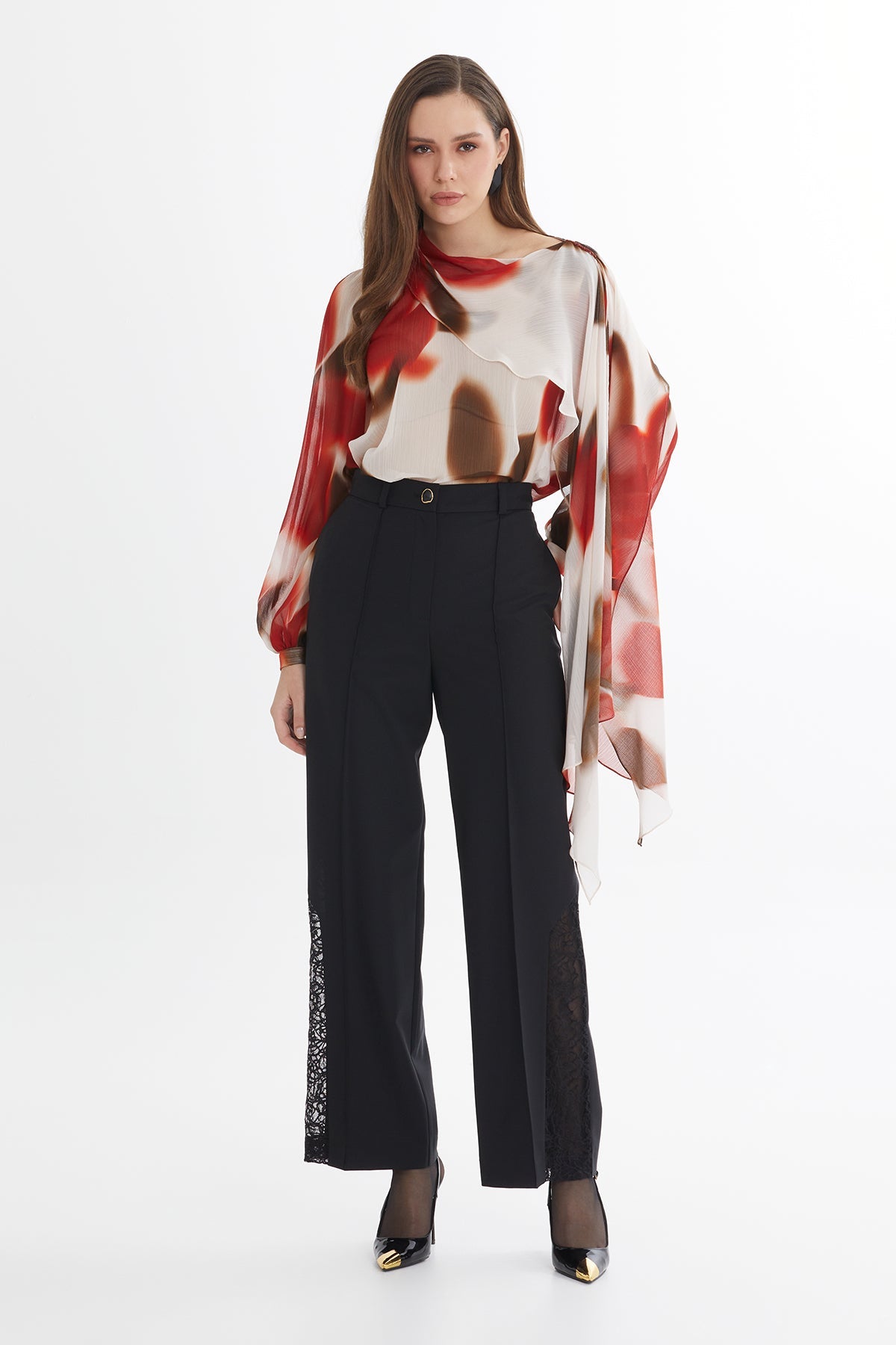 Black Wool-Blend Lace Detail Pants