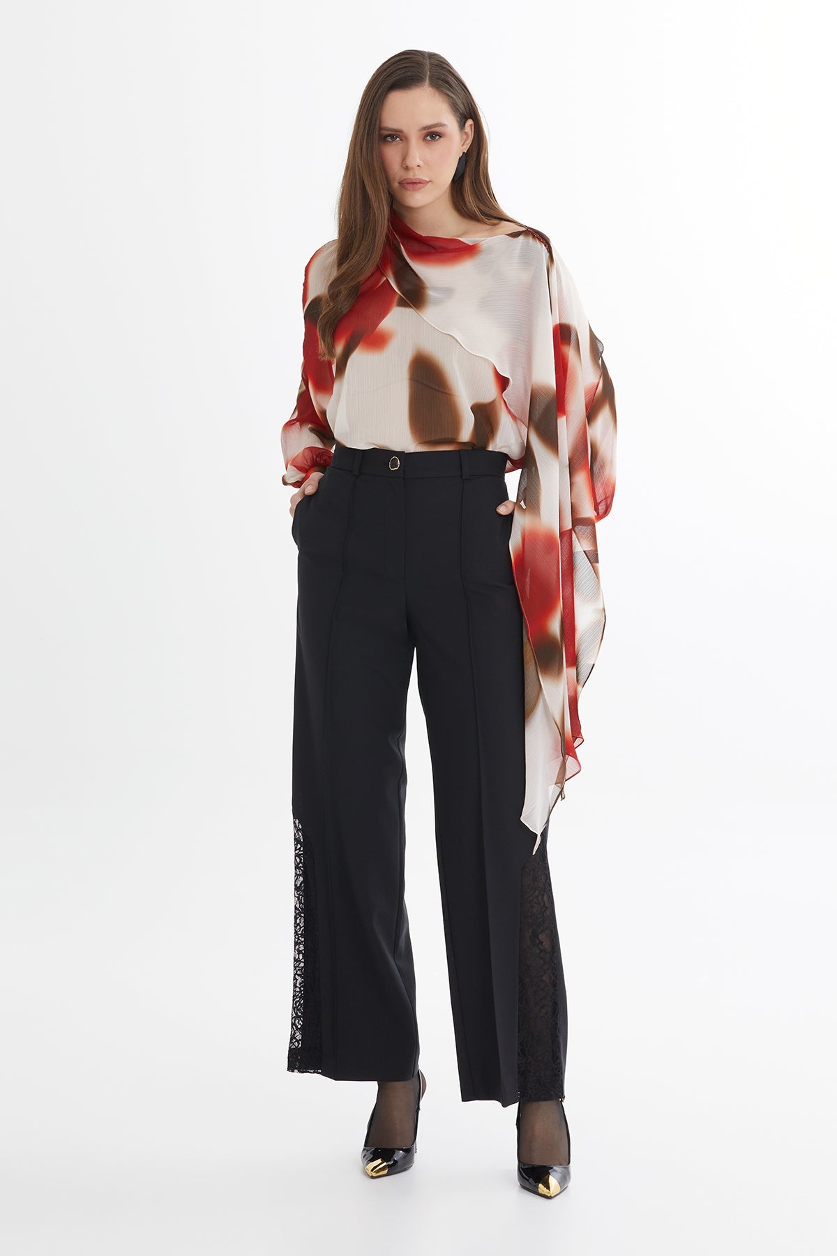 Black Wool-Blend Lace Detail Pants