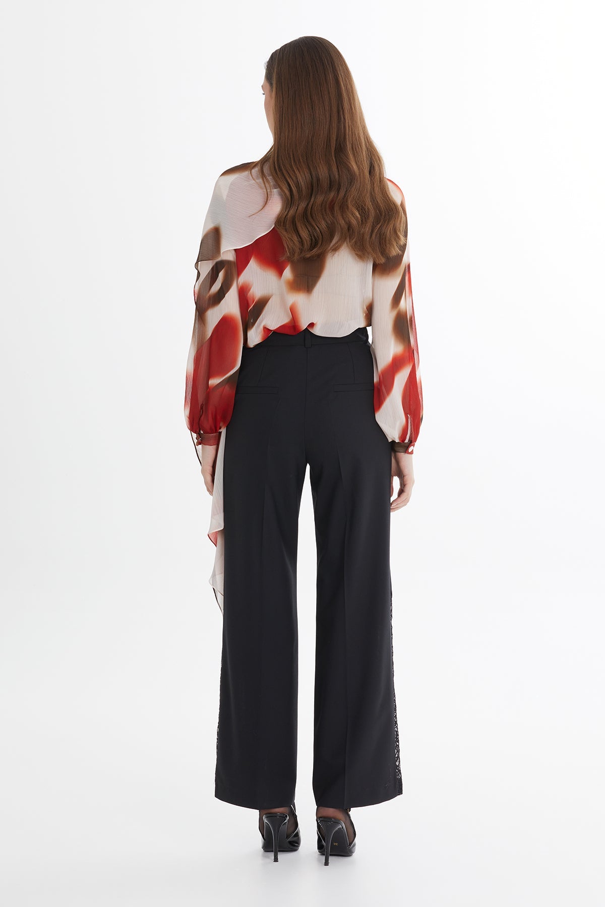 Black Wool-Blend Lace Detail Pants