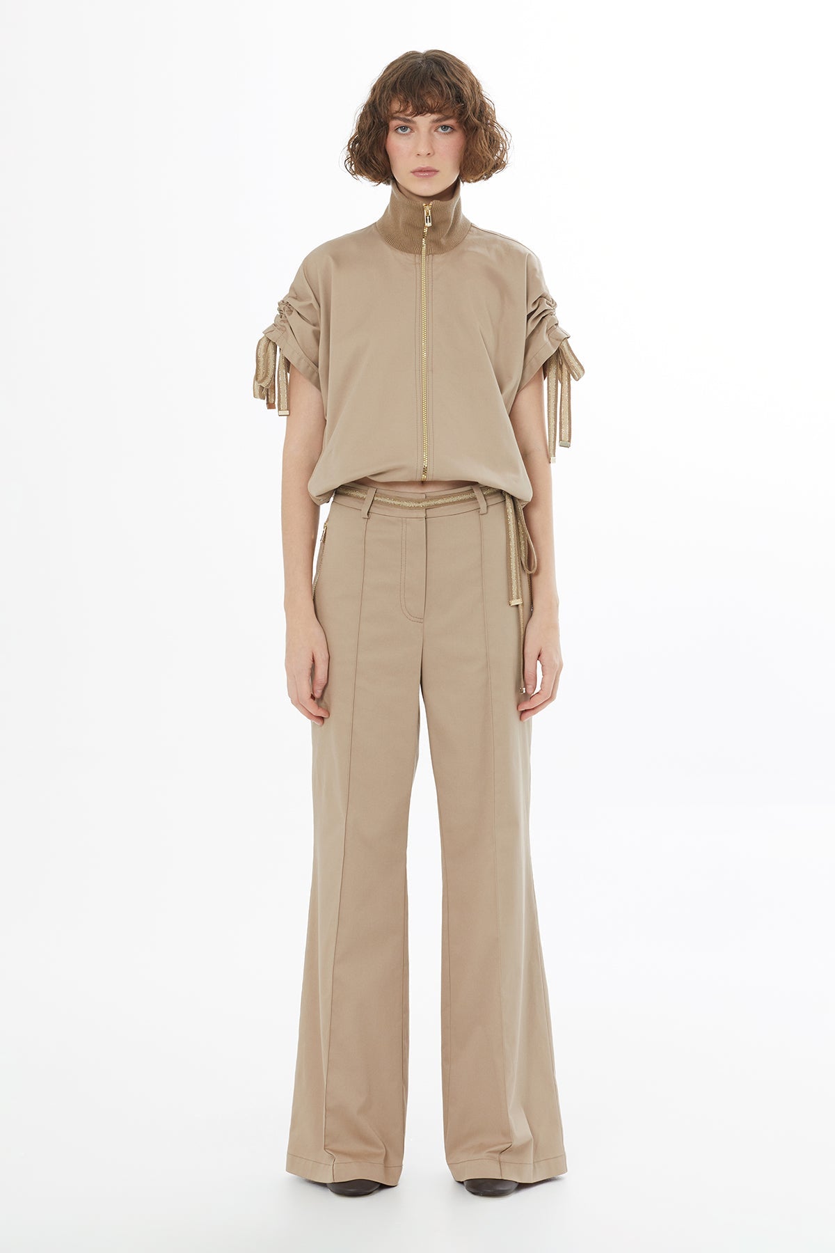 Beige Striped Knit Tie-Waist Pants