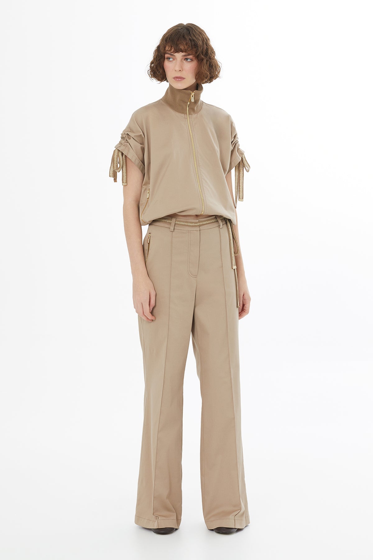 Beige Striped Knit Tie-Waist Pants