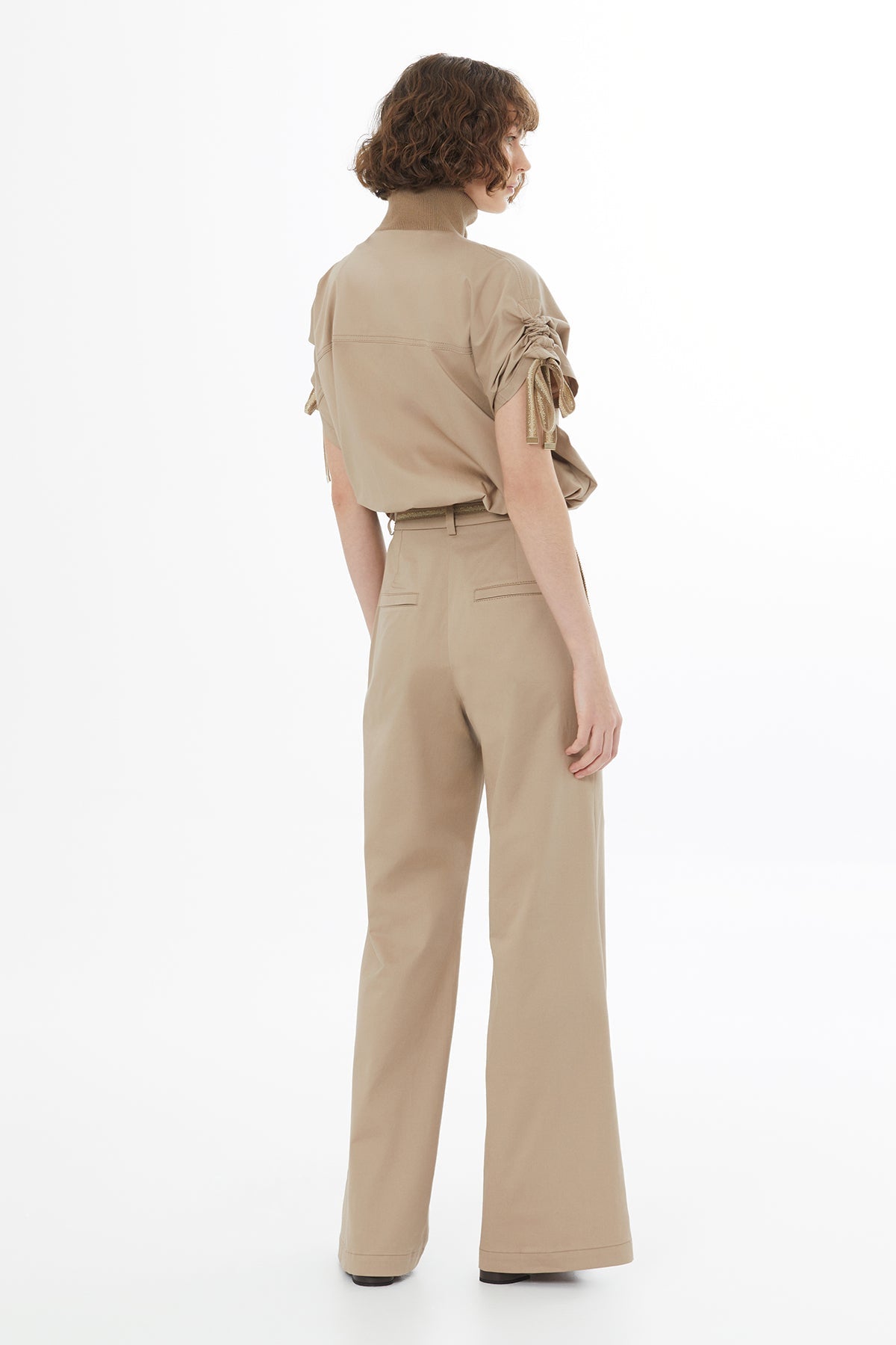 Beige Striped Knit Tie-Waist Pants