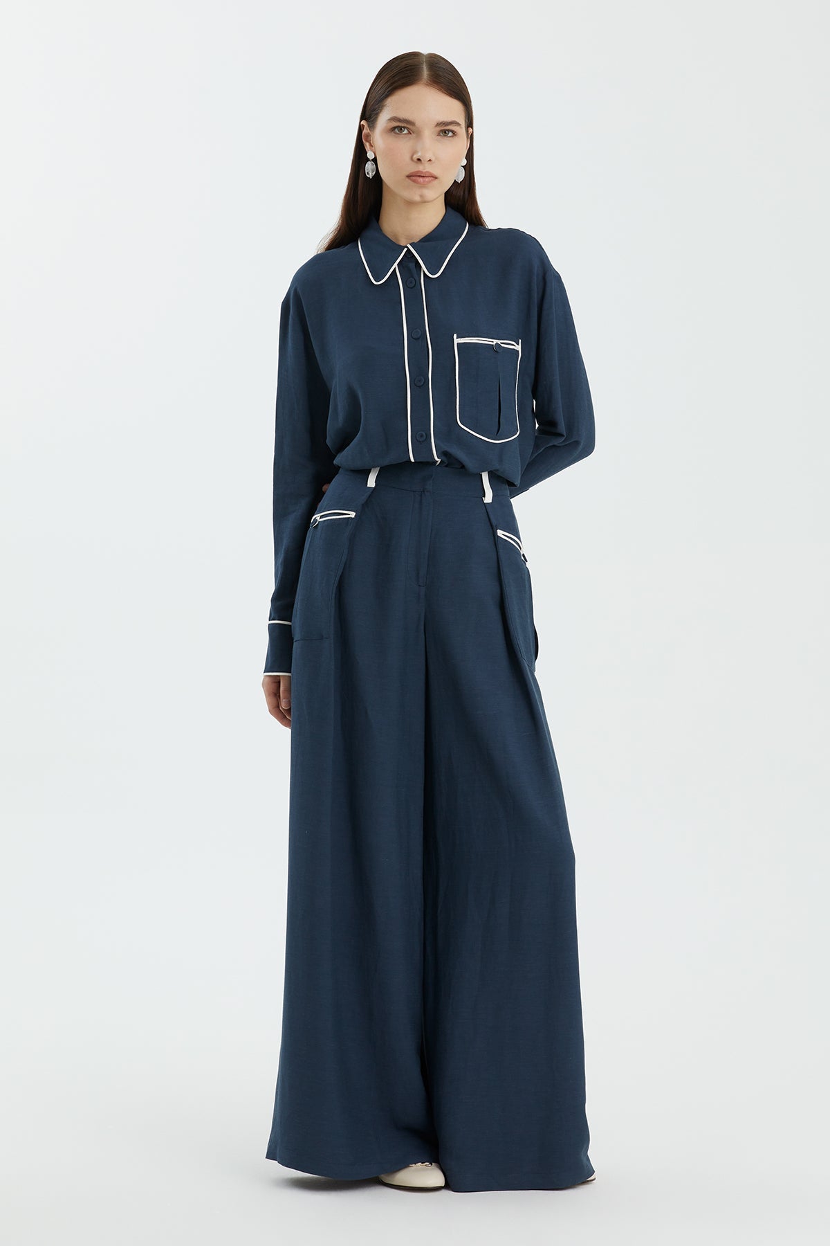 Dark Blue Contrast Pocket Wide-Leg Trousers