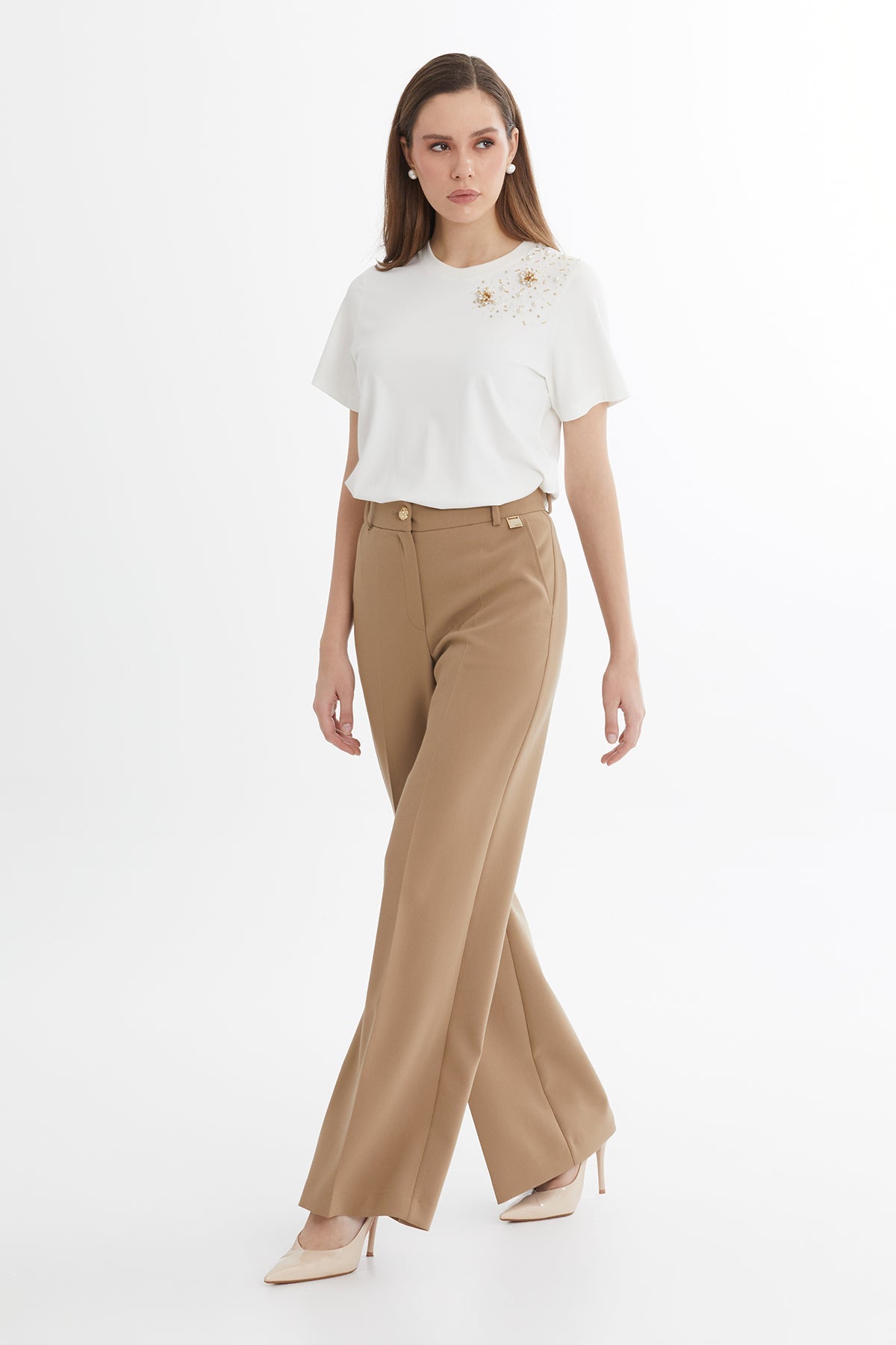 Brown Button Detail Straight-Leg Trousers