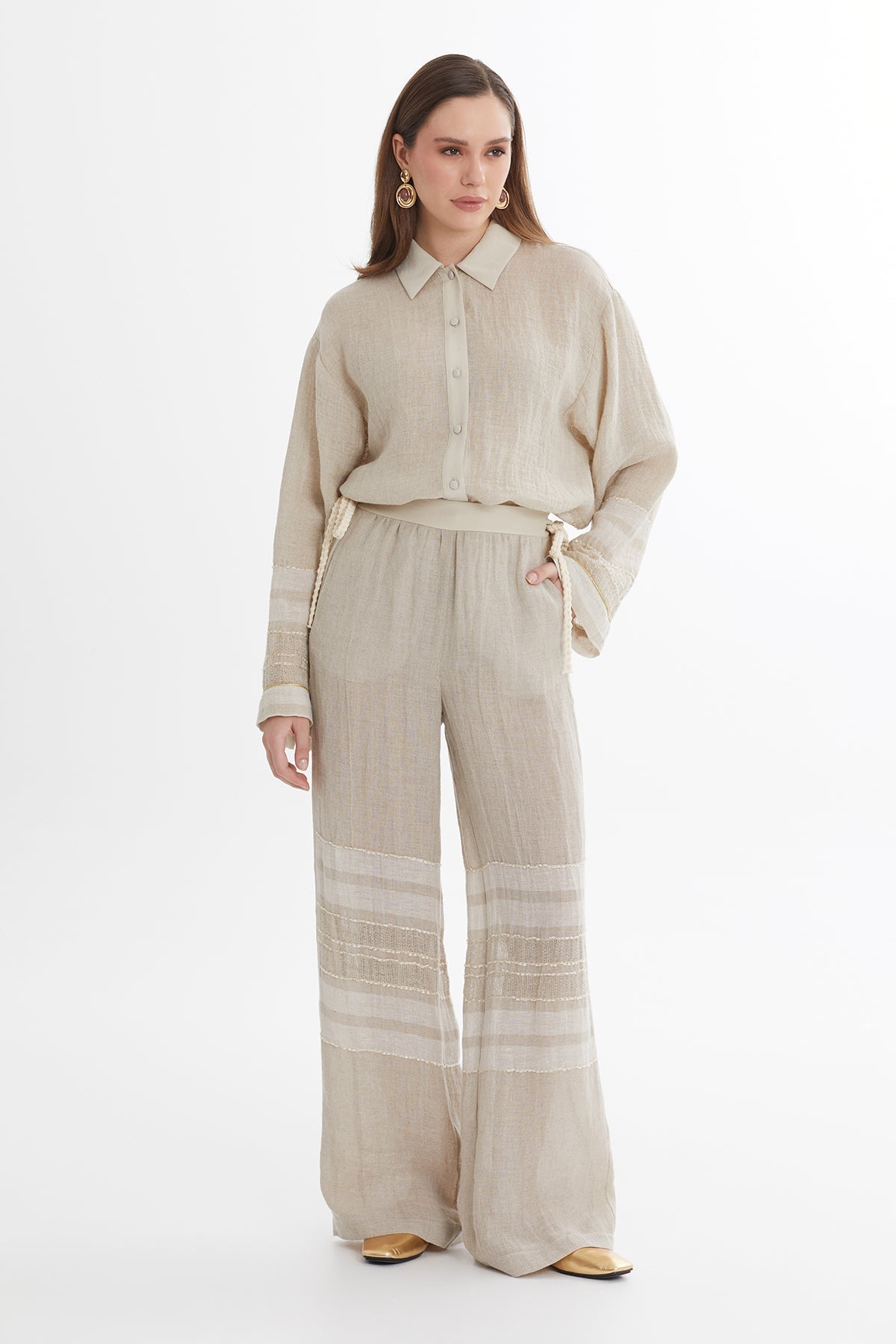 Beige Printed Linen Trousers