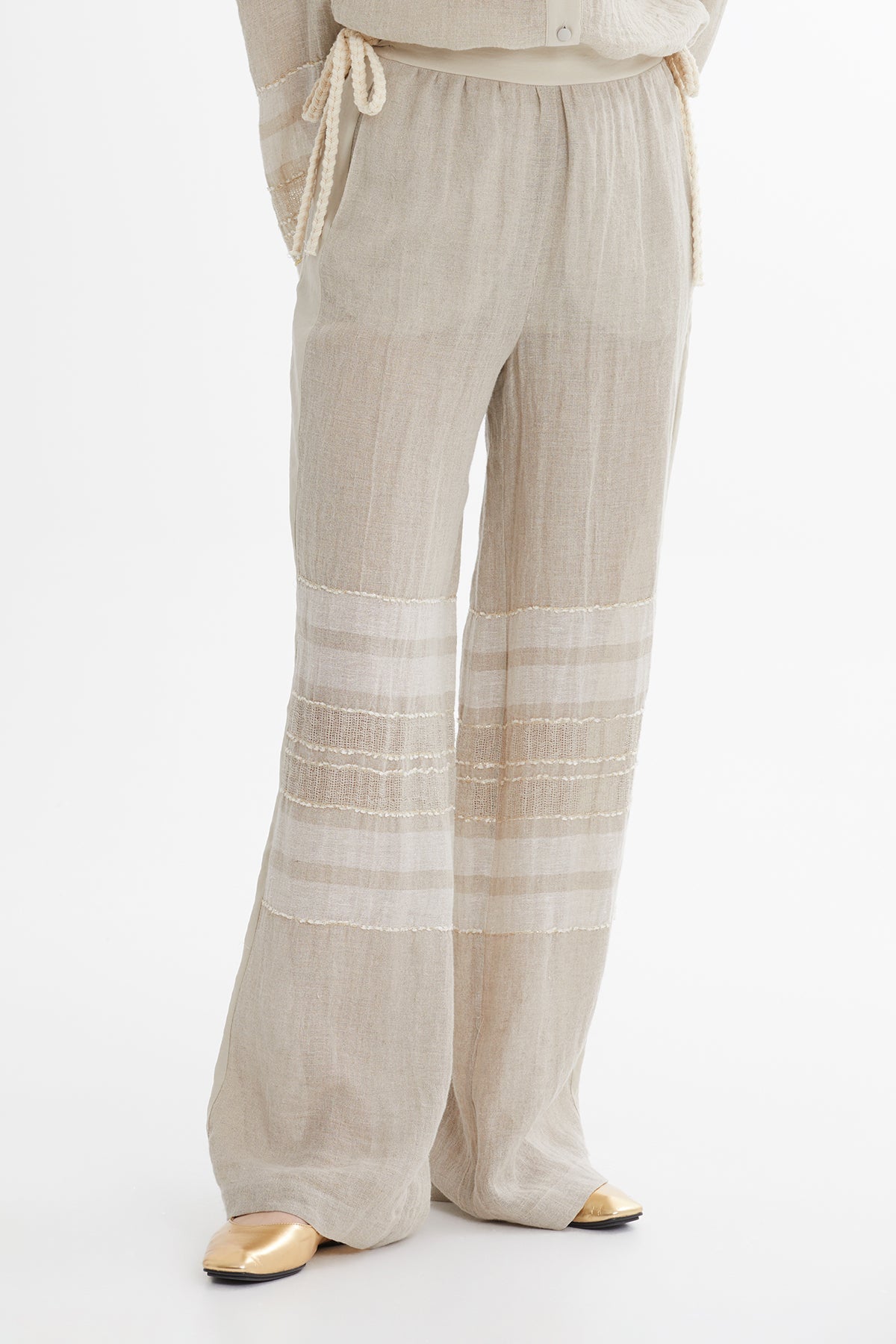 Beige Printed Linen Trousers