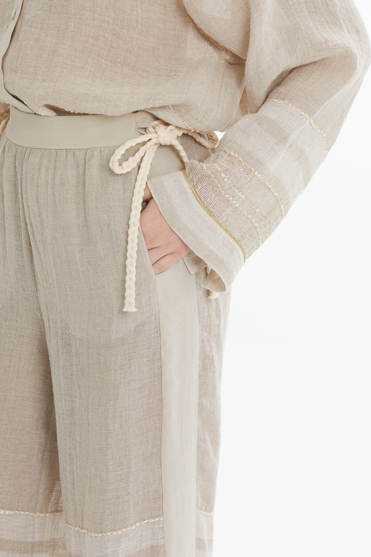 Beige Printed Linen Trousers