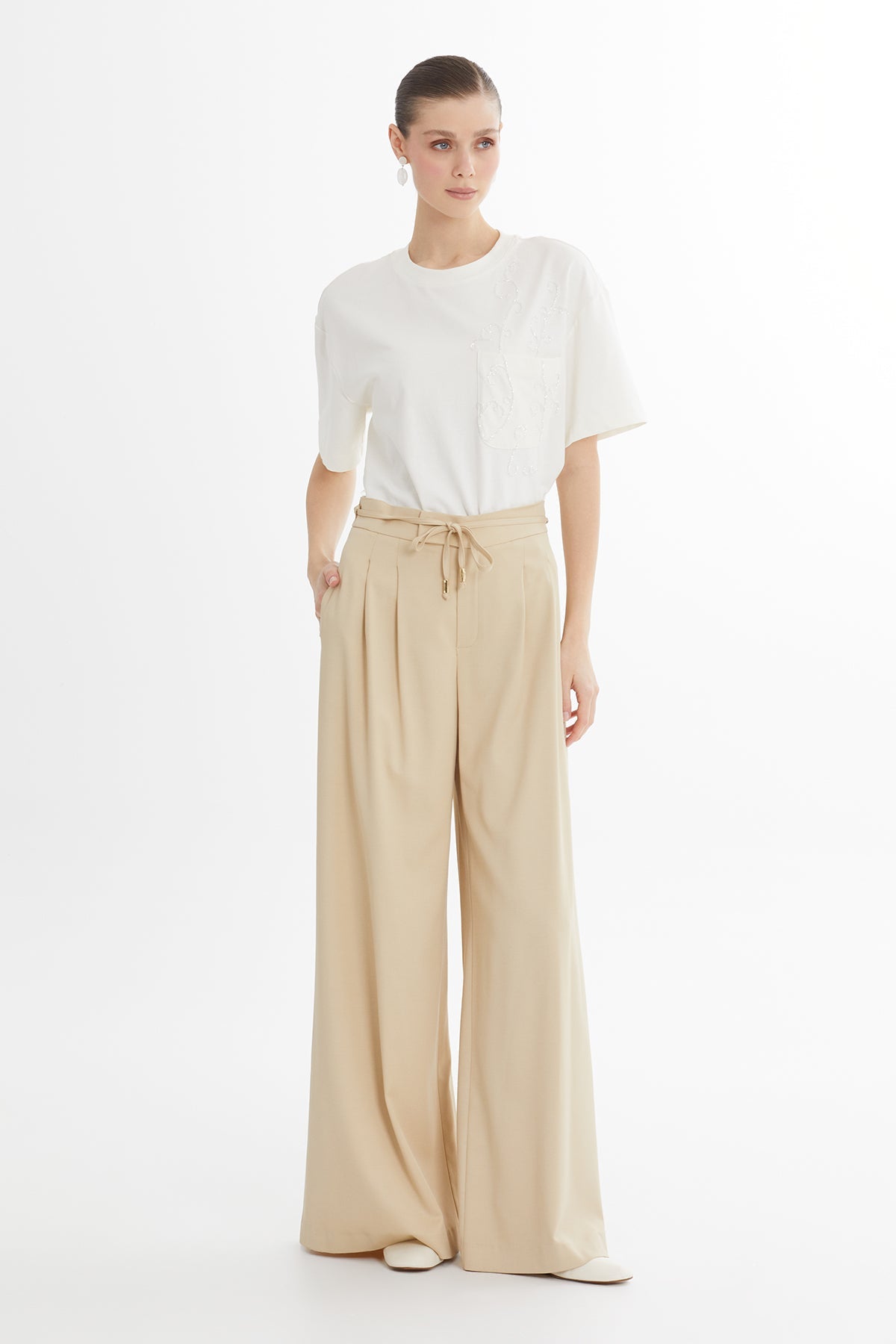 Beige High-Waist Wide-Leg Trousers