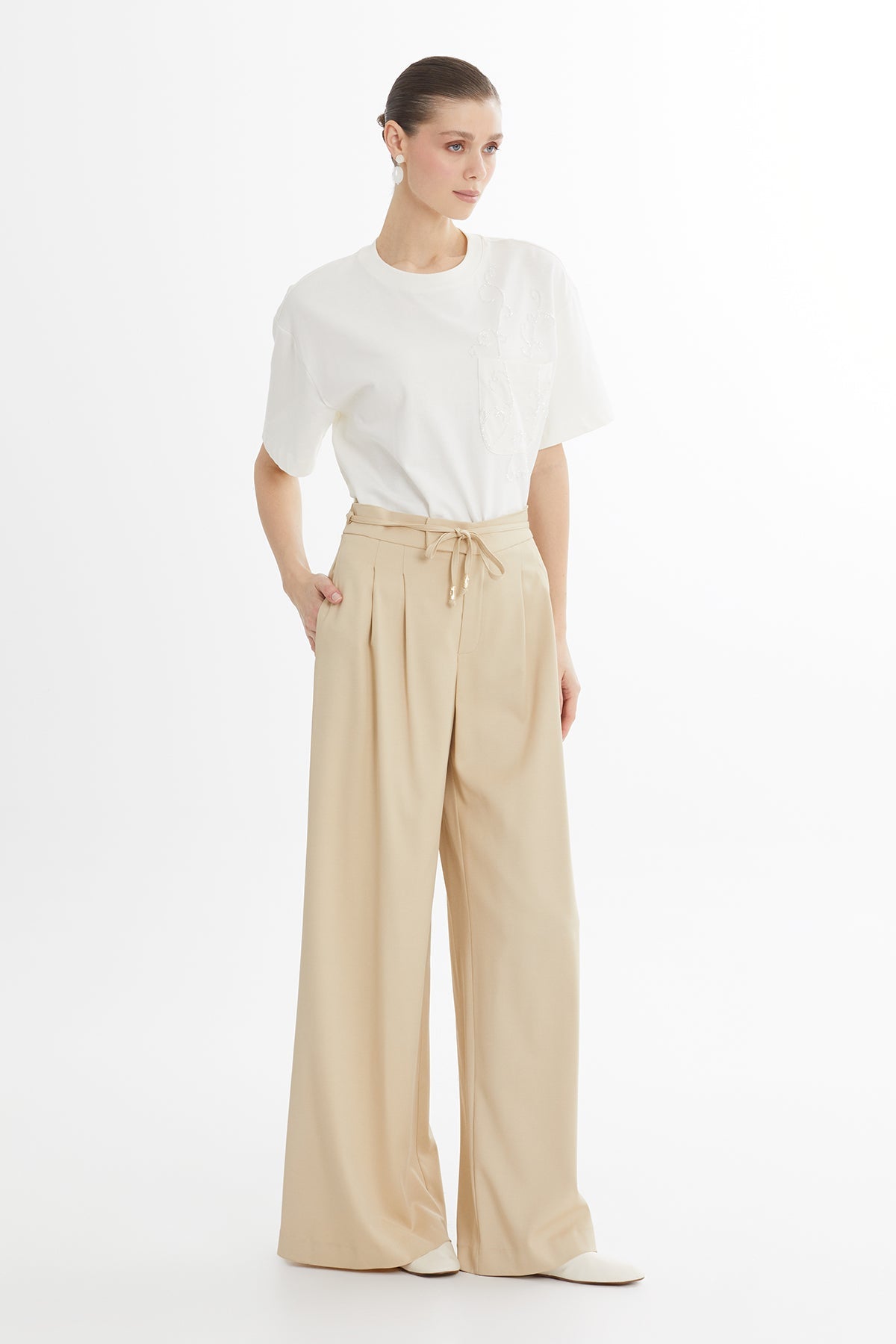 Beige High-Waist Wide-Leg Trousers