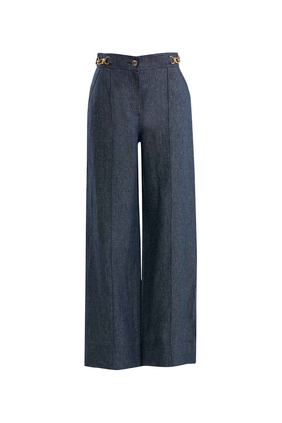 Blue Embellished Linen Trousers