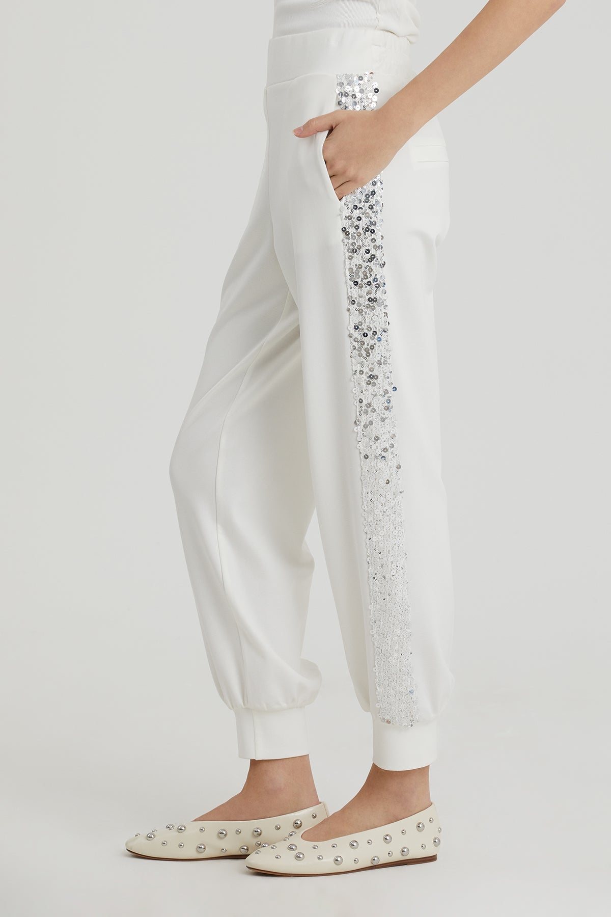 Ecru Sequin Cuff Gathered Joggers