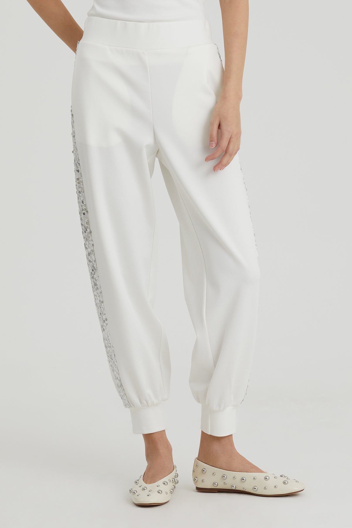 Ecru Sequin Cuff Gathered Joggers