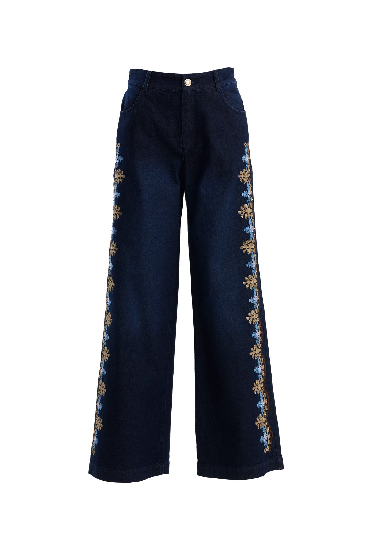 Blue Color Embroidery Straight-Leg Trousers