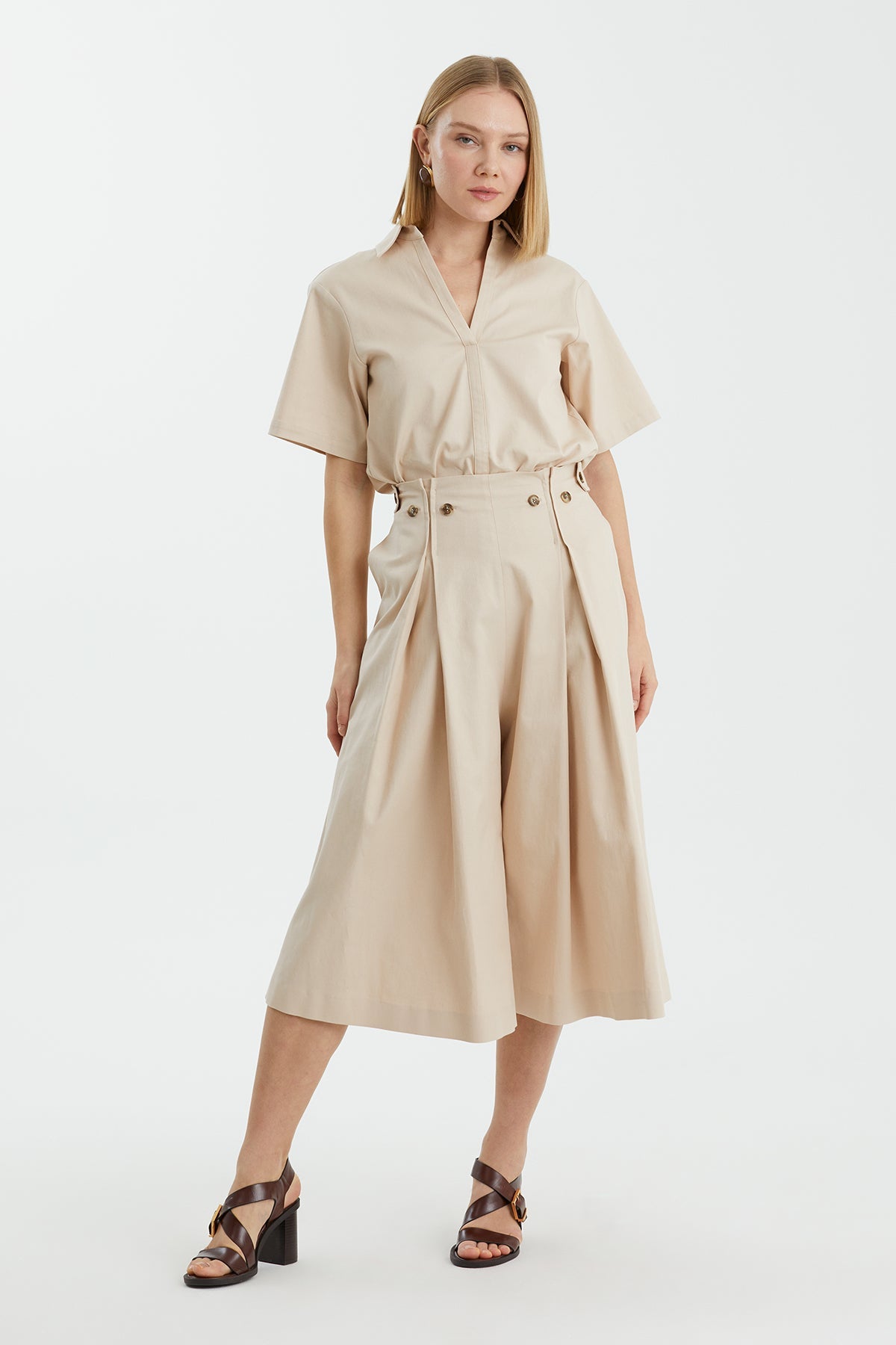 Beige Button Detail Bermuda Shorts